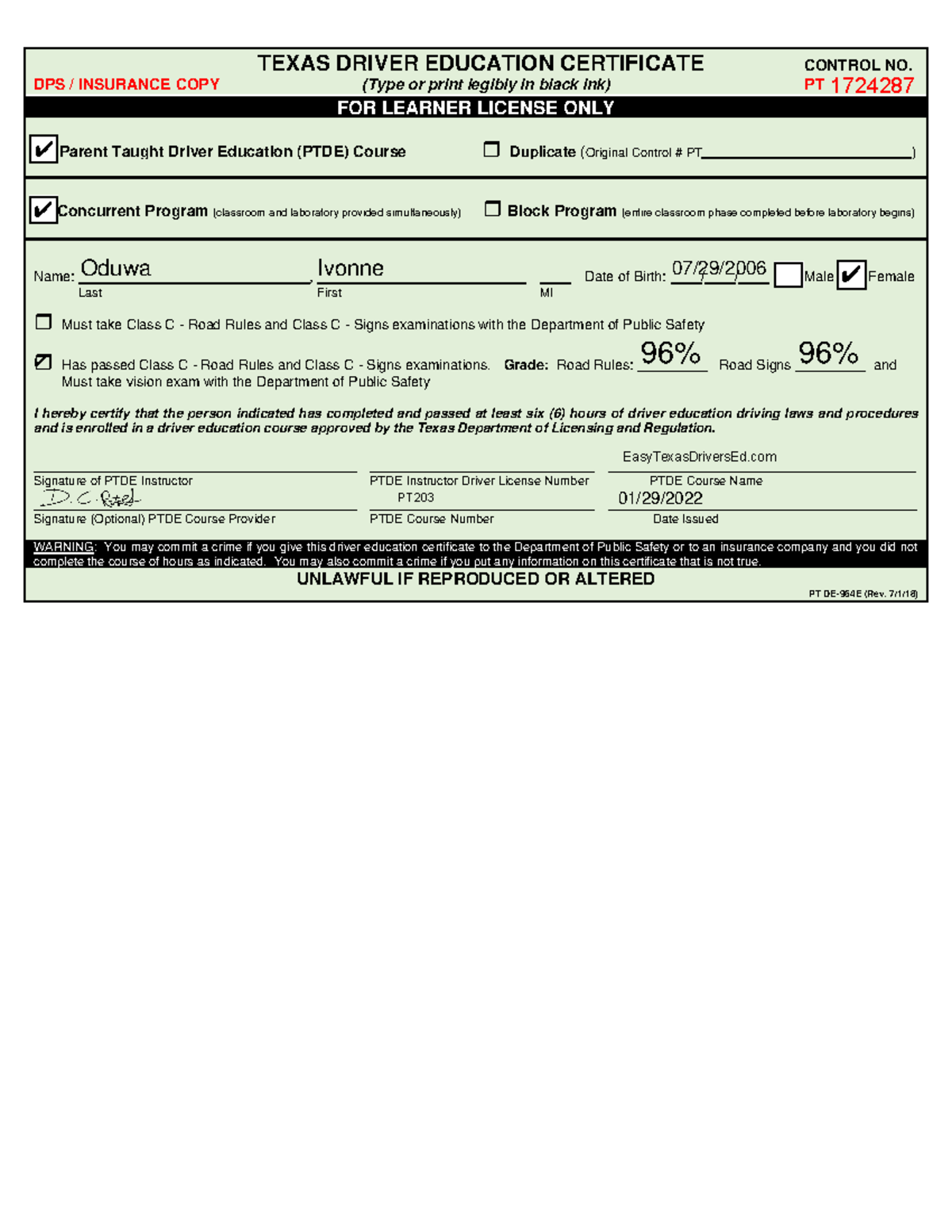 6hrs Ivonne Oduwa Fgrbhtnjym TEXAS DRIVER EDUCATION CERTIFICATE CONTROL NO DPS INSURANCE COPY Studocu