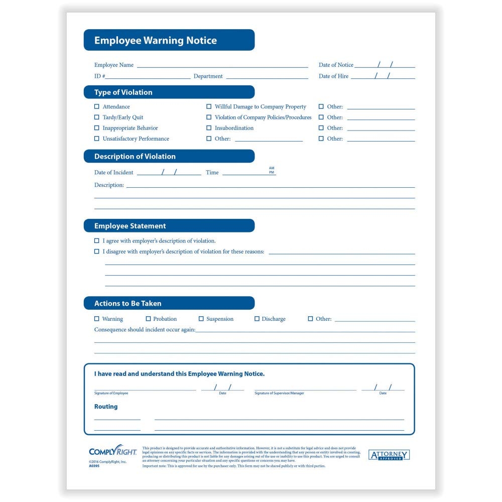 Amazon ComplyRight Employee Warning Form 8 1 2 X 11 Discipline Form 50 Pack Office Products