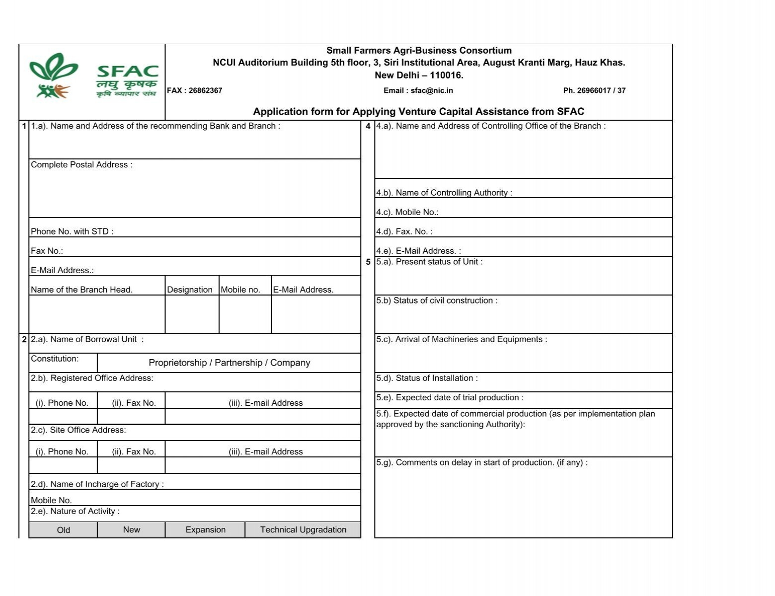 Application Form For Applying Venture Capital Assistance From SFAC