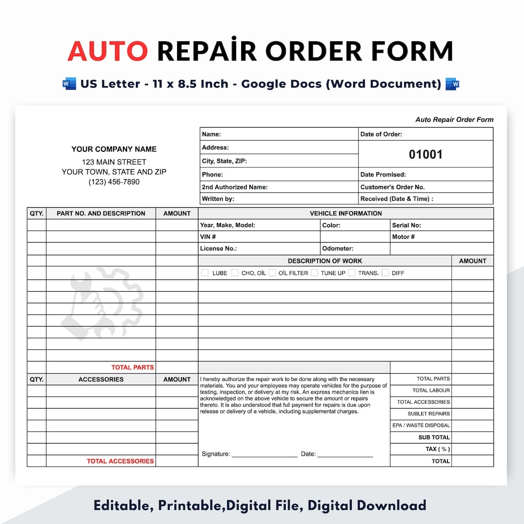 Auto Repair Order Form Template Repair Work Order And Invoice Form Etsy Auto Repair Order Form Template Repair Work Order And Invoice Form Etsy