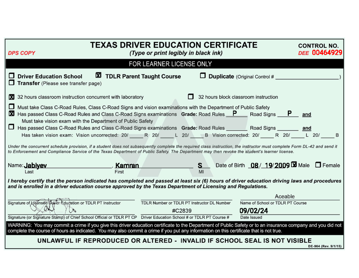 Certificate Fdsfffffffffffff TEXAS DRIVER EDUCATION CERTIFICATE CONTROL NO DPS COPY Type Or Studocu