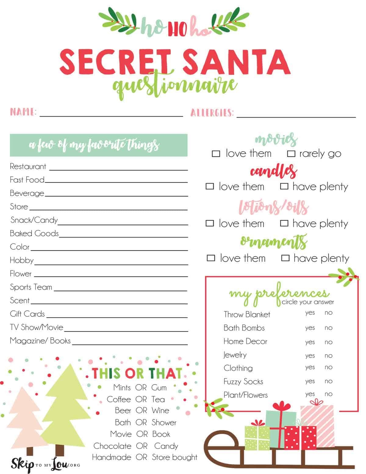 Printable Secret Santa Questionnaire Form Pdf