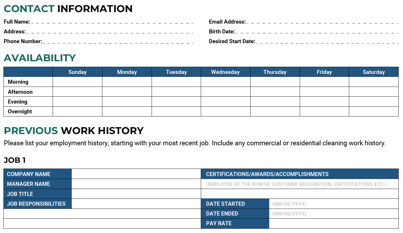 Cleaning Employment Application Template Free PDF Download Aspire