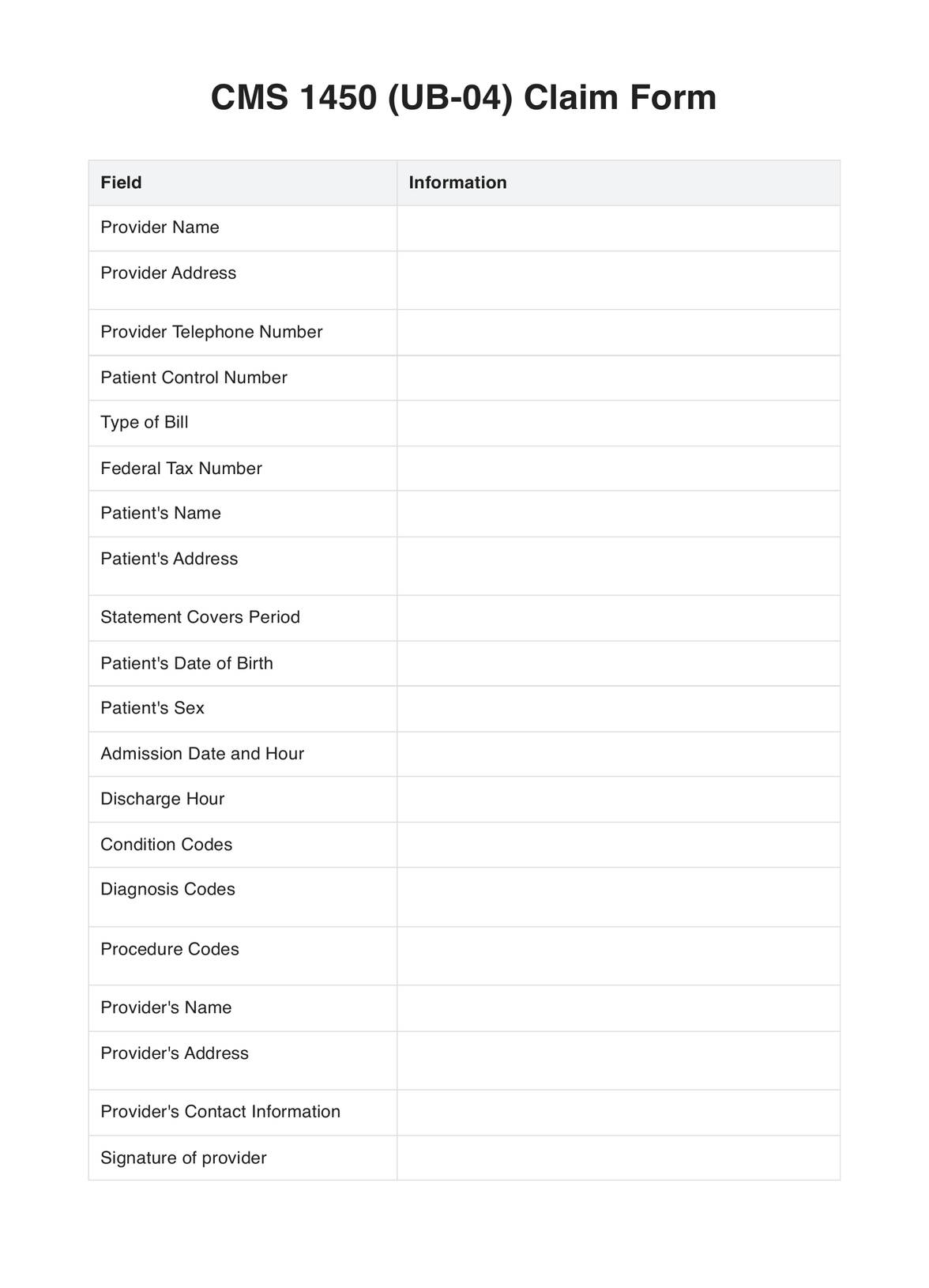 CMS 1450 Claim Form Example Free PDF Download