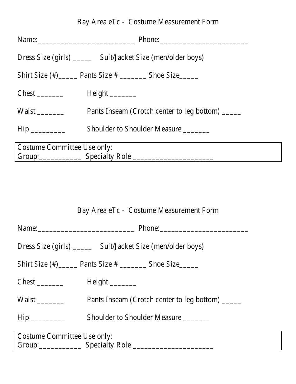 Printable Costume Measurement Form