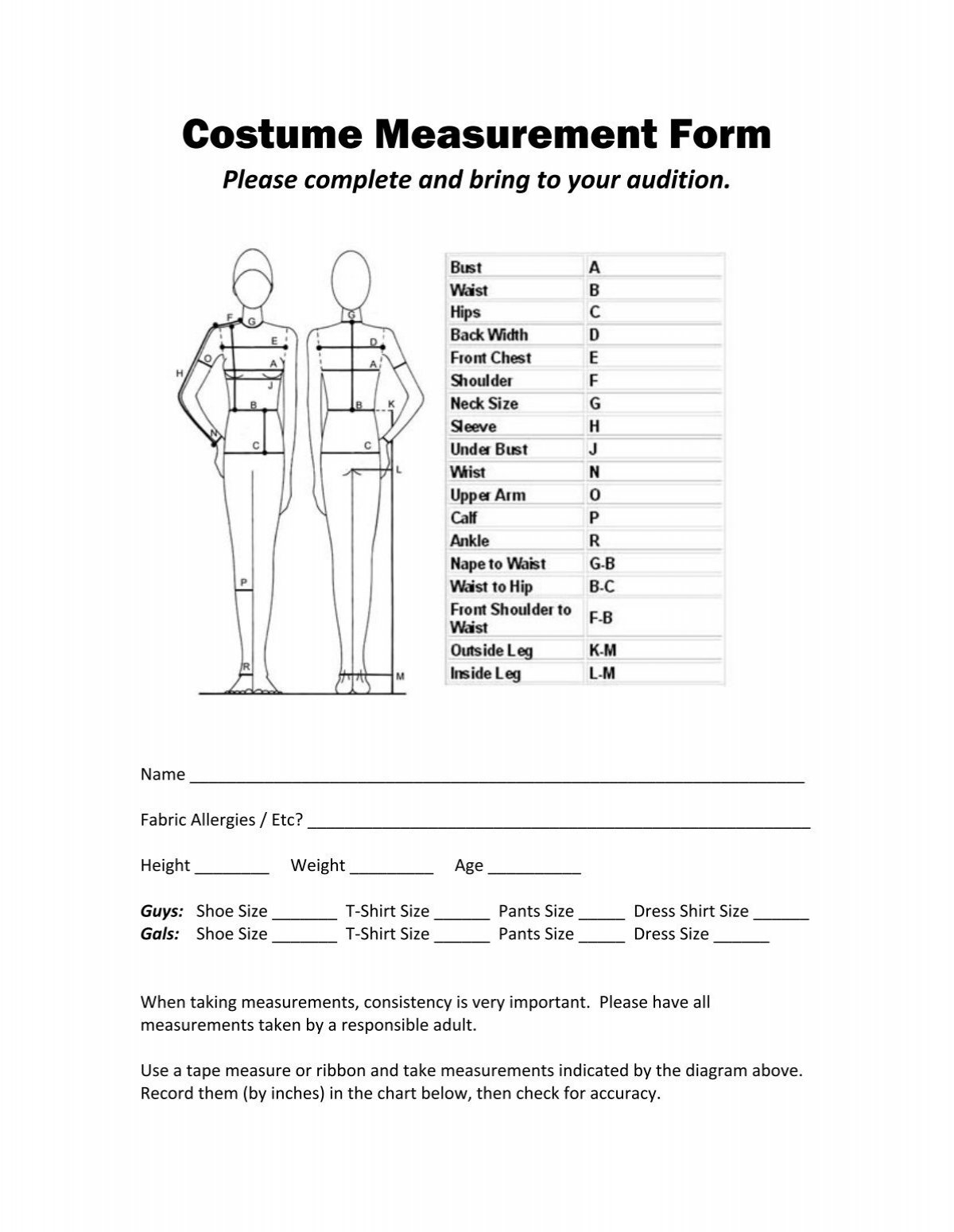 Costume Measurement Form Clover