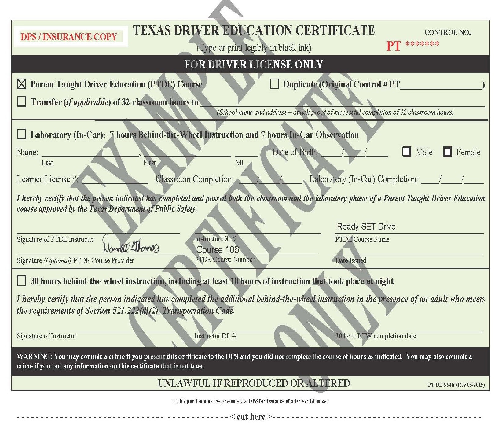 Duplicate Driver Education Certificate Of Completion DE 964E 611 Region 6 ESC Safety Education And Training