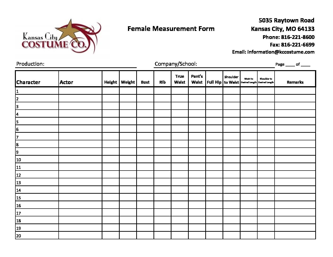 Female Measurement Form 2017 Kansas City Costume Company