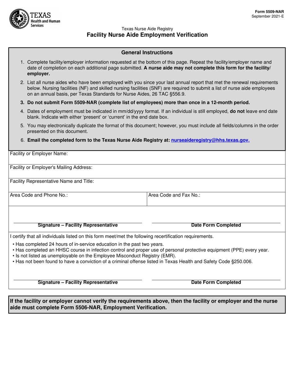Form 5509 NAR Download Fillable PDF Or Fill Online Facility Nurse Aide Employment Verification Texas Templateroller