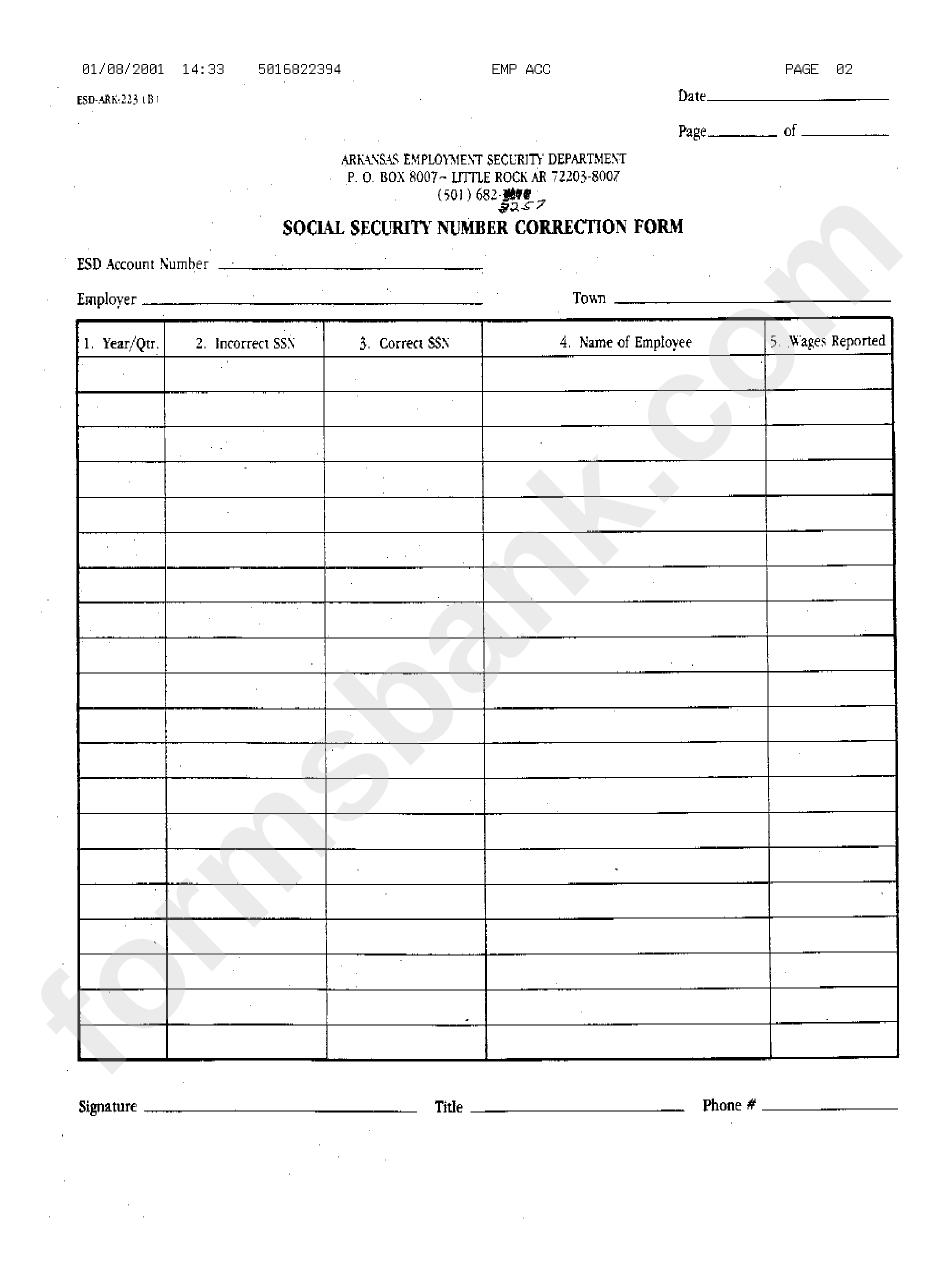 Form Esd Ark 223 B Social Security Number Correction Arkansas Employment Security Department Printable Pdf Download