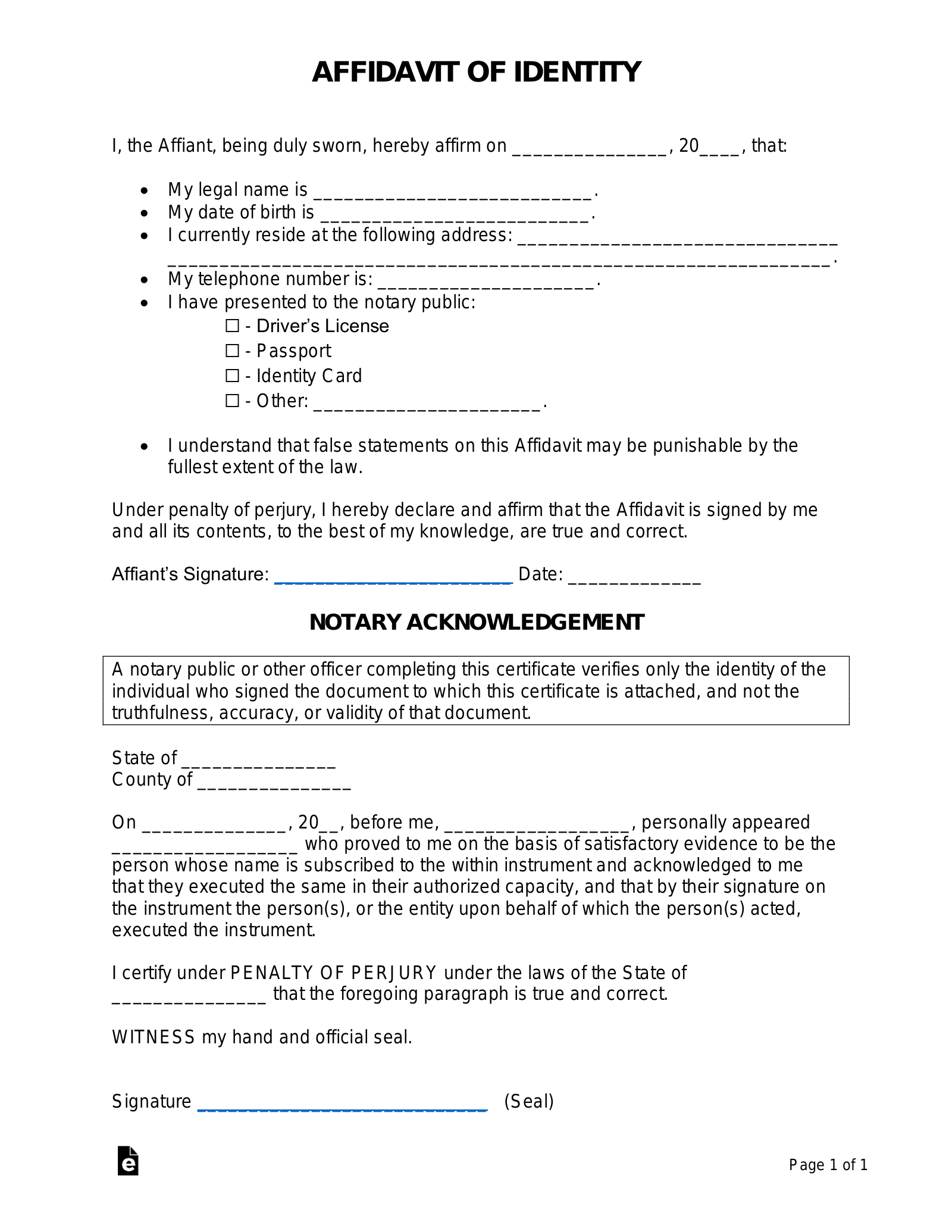 Free Affidavit Of Identity Form PDF Word EForms Free Affidavit Of Identity Form PDF Word EForms