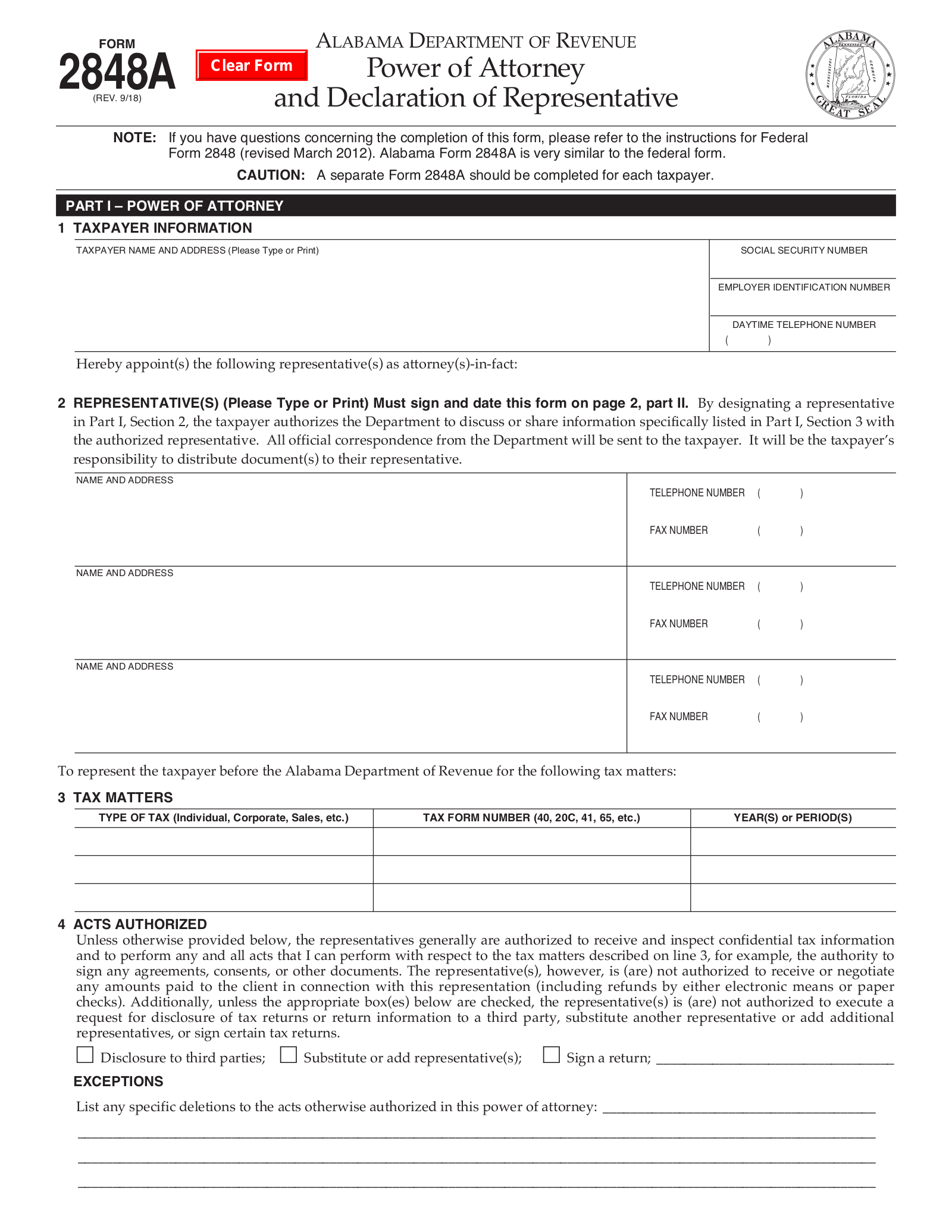 Free Alabama Tax Power Of Attorney Form 2848A Dept Of Revenue PDF EForms