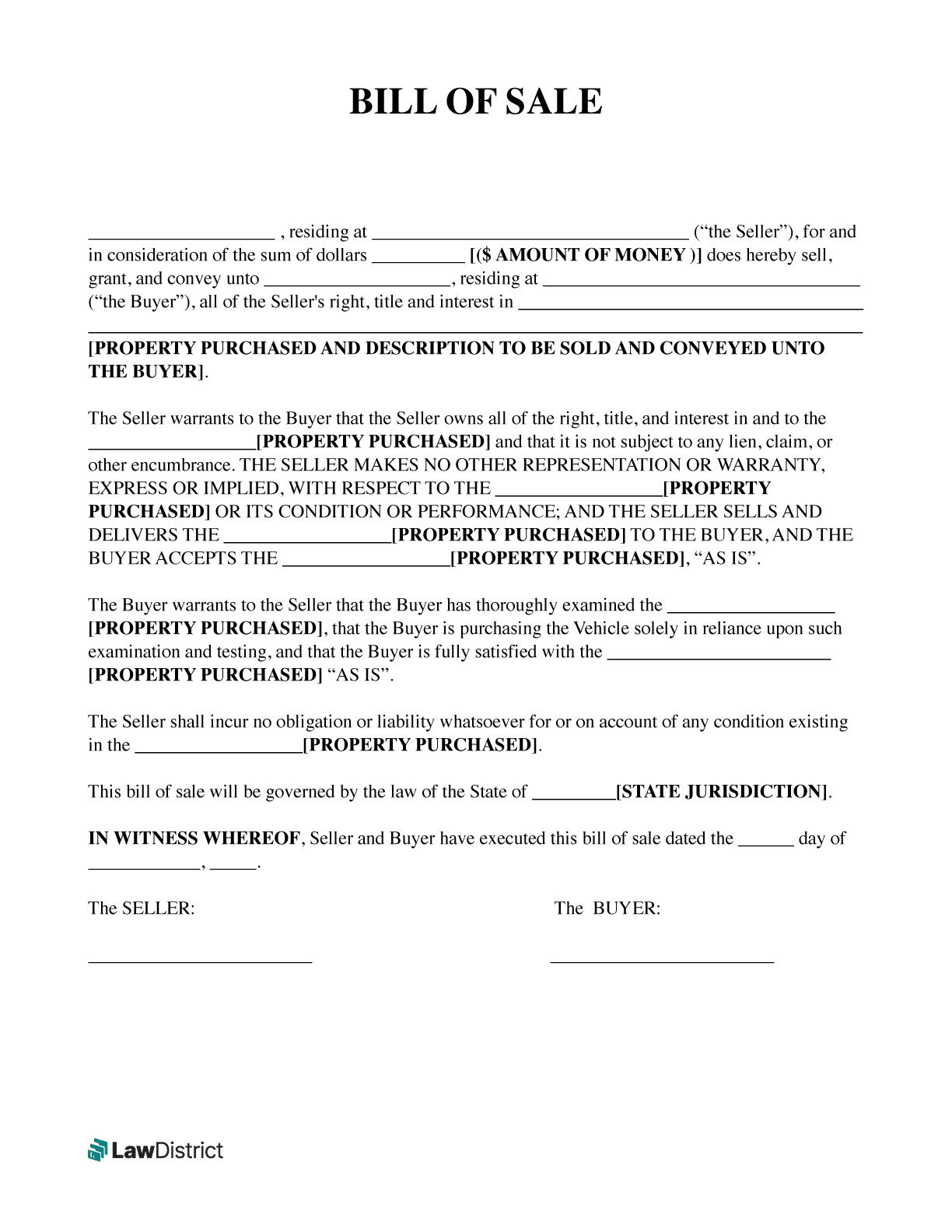 Free Bill Of Sale Templates PDF Word Form LawDistrict Free Bill Of Sale Templates PDF Word Form LawDistrict