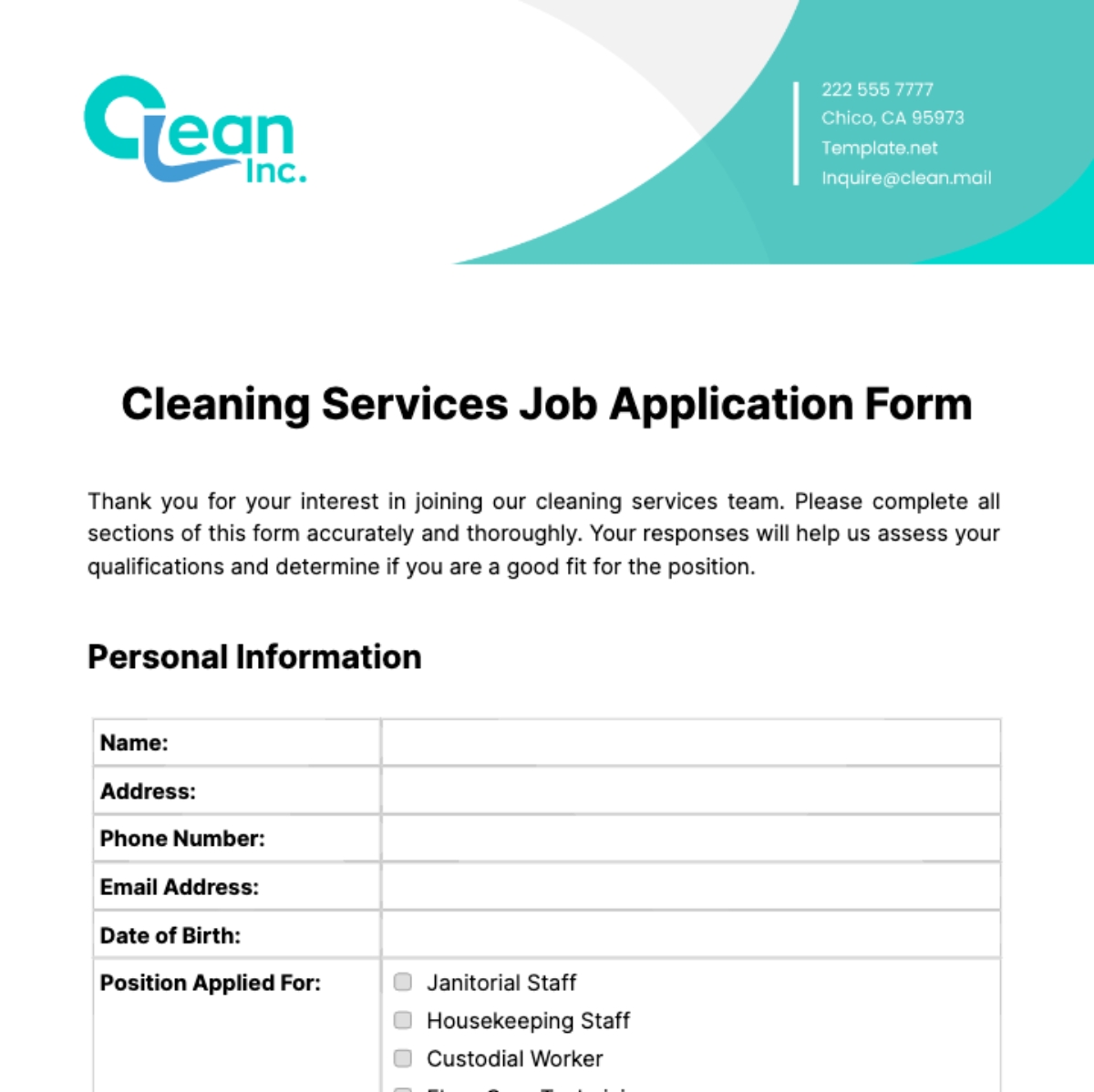 Free Cleaning Services Job Application Form Template To Edit Online