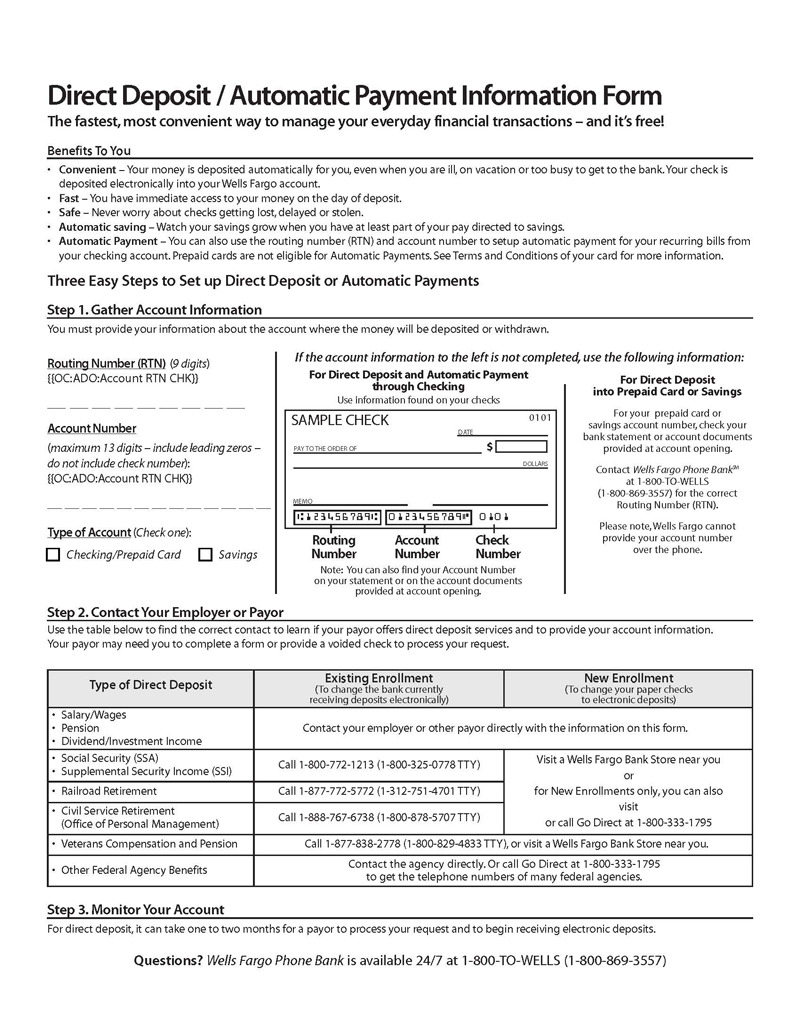 Printable Wells Fargo Direct Deposit Form