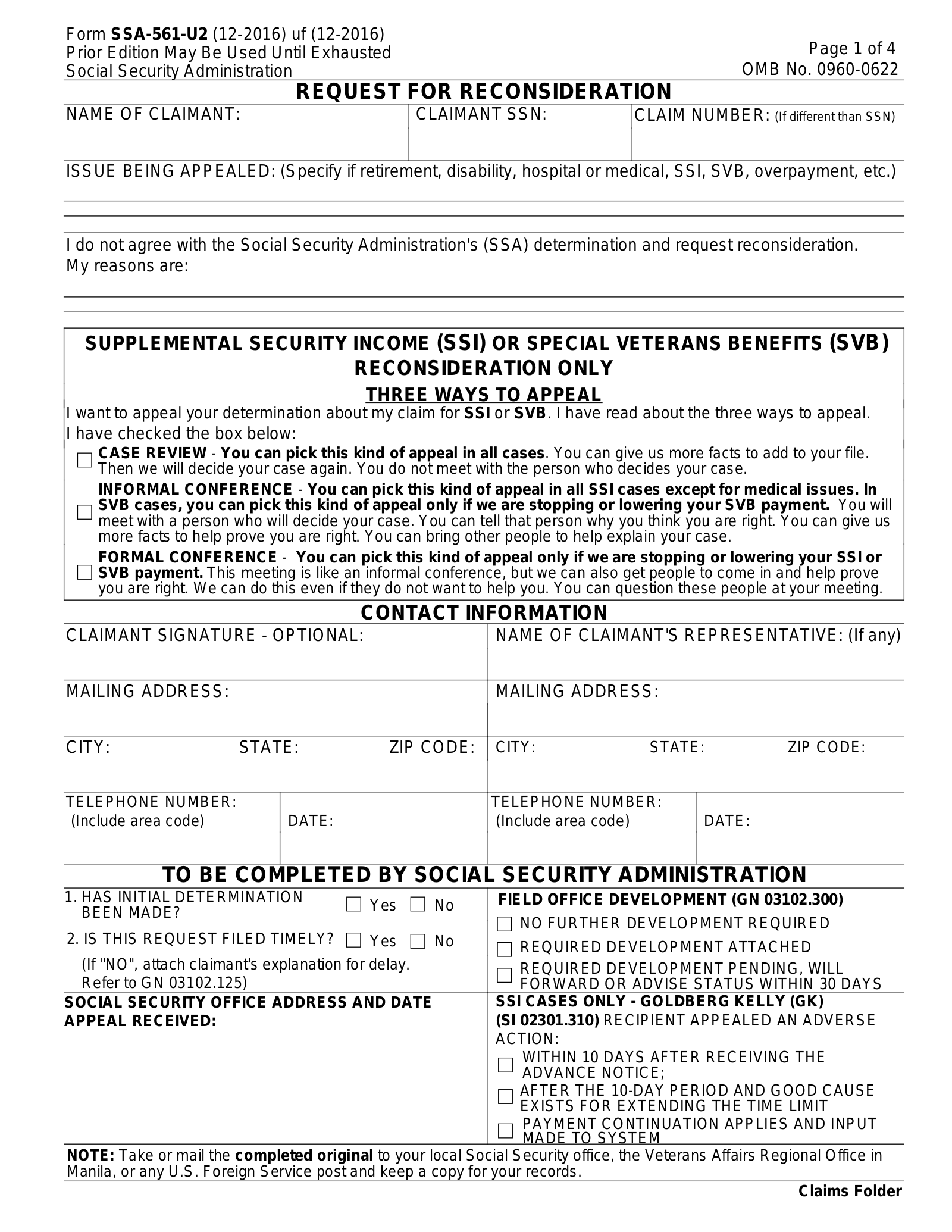 Free Form SSA 561 U2 Social Security Request For Reconsideration PDF EForms