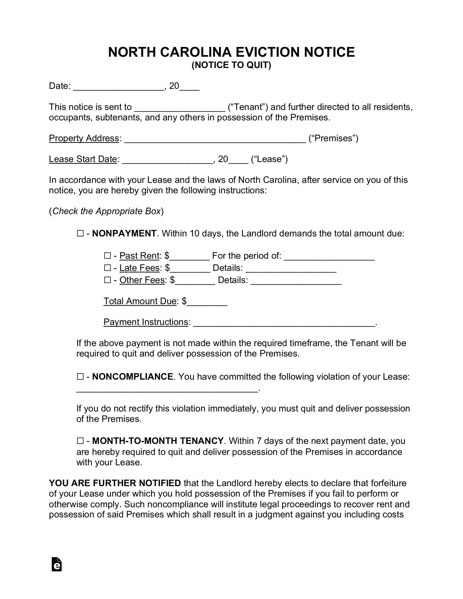 Free North Carolina Eviction Notice Forms 3 PDF Word EForms Free North Carolina Eviction Notice Forms 3 PDF Word EForms