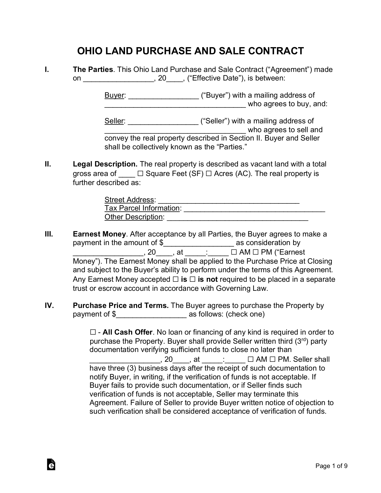 Free Ohio Land Contract Template PDF Word EForms