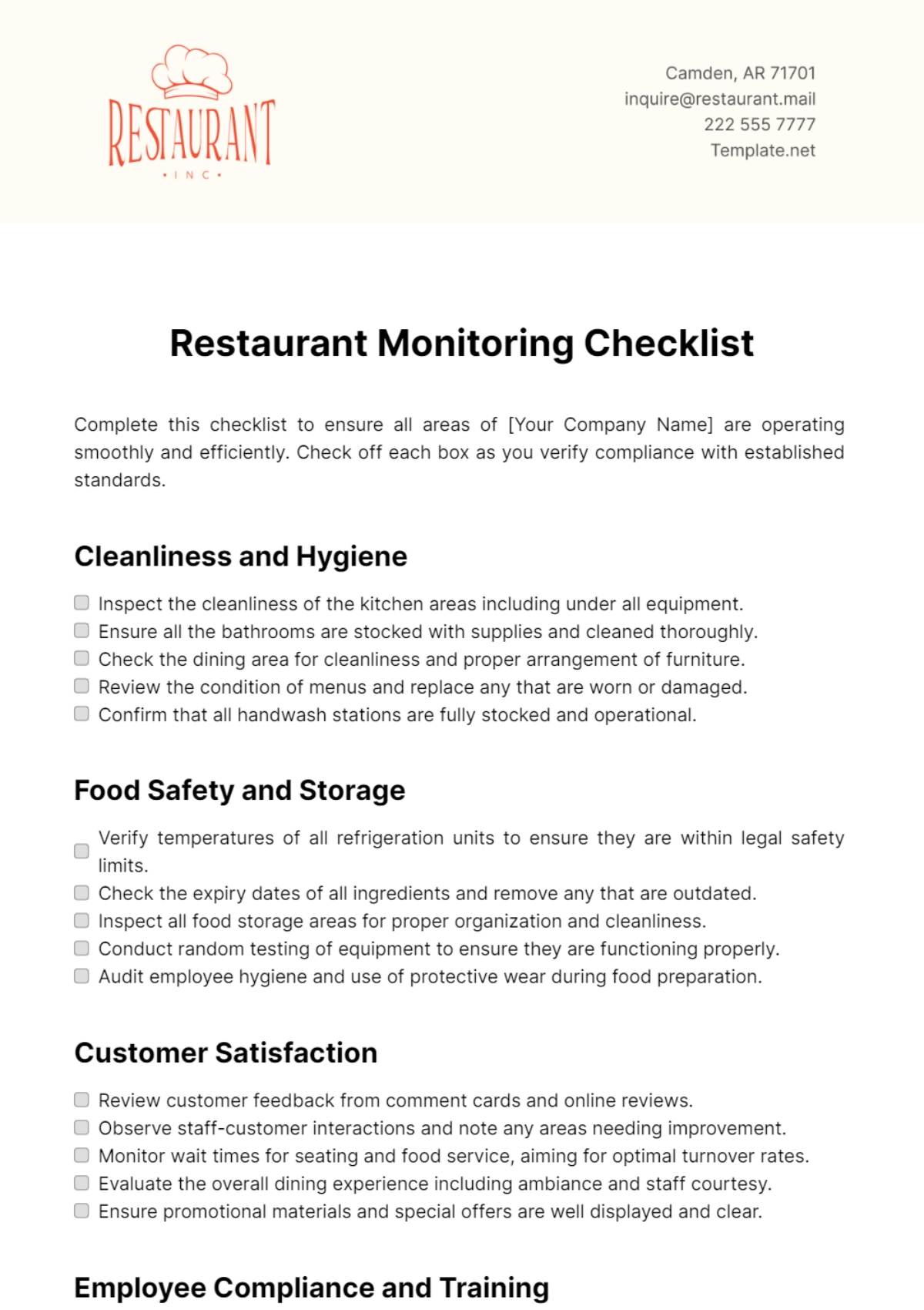 Free Restaurant Monitoring Checklist Template To Edit Online Free Restaurant Monitoring Checklist Template To Edit Online