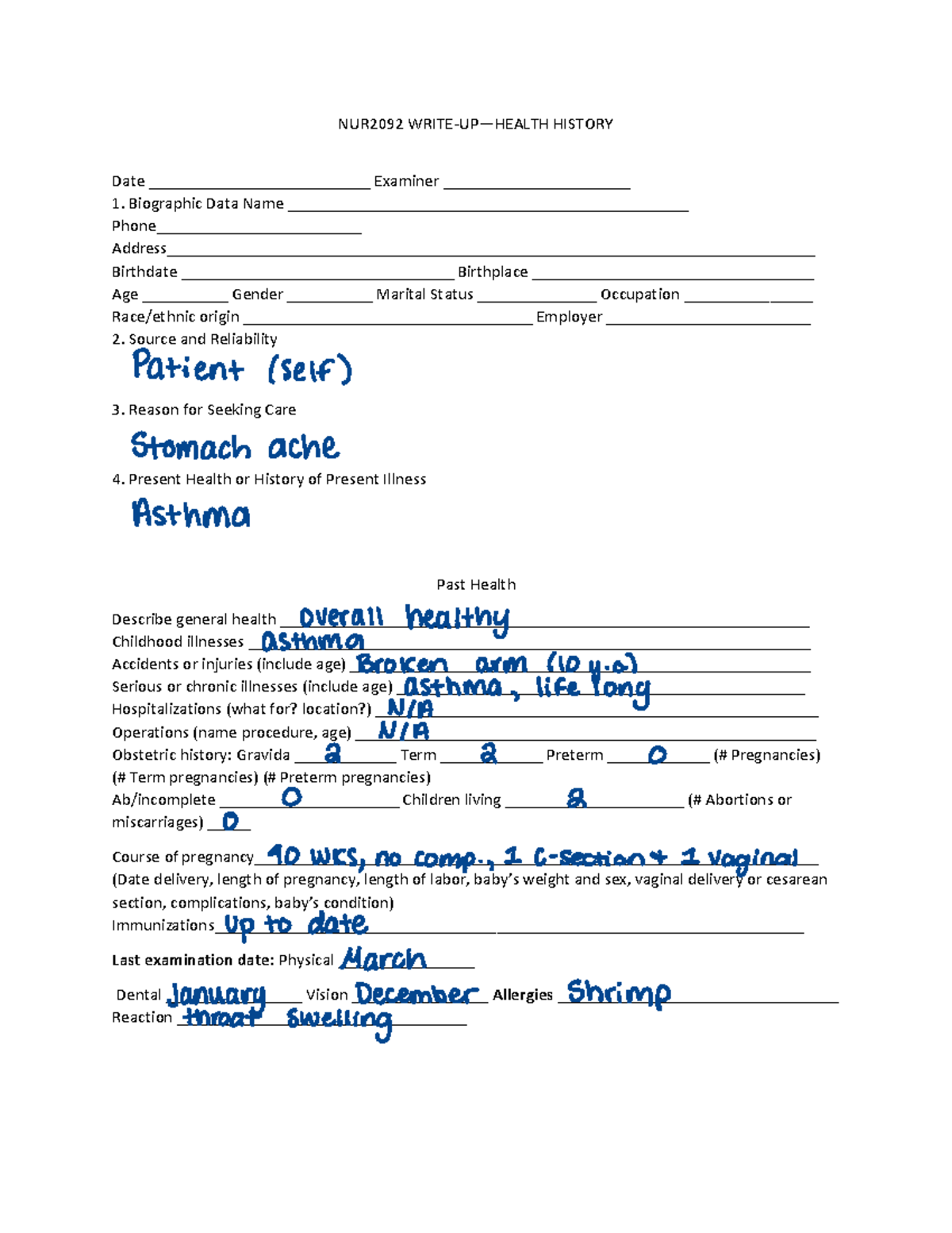 Health Assessment Health History Form 2 NUR2092 WRITE UP 4 HEALTH HISTORY Date Studocu
