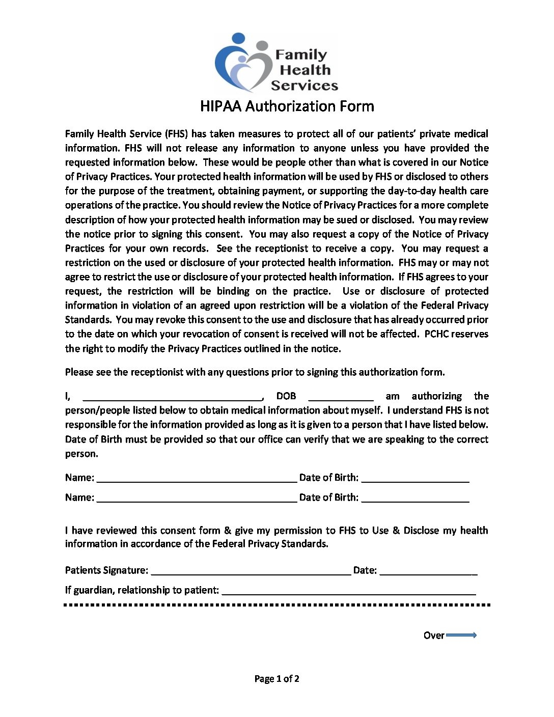 HIPAA Authorization Form Family Health Services