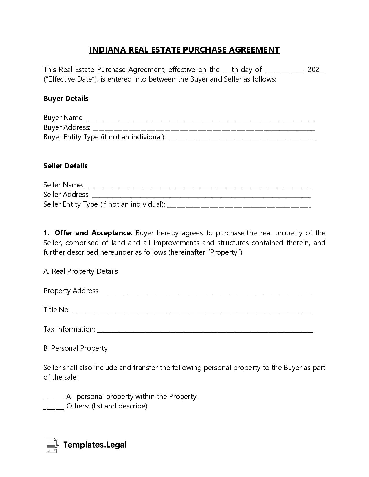 Indiana Purchase Agreement Templates Free Word PDF ODT 