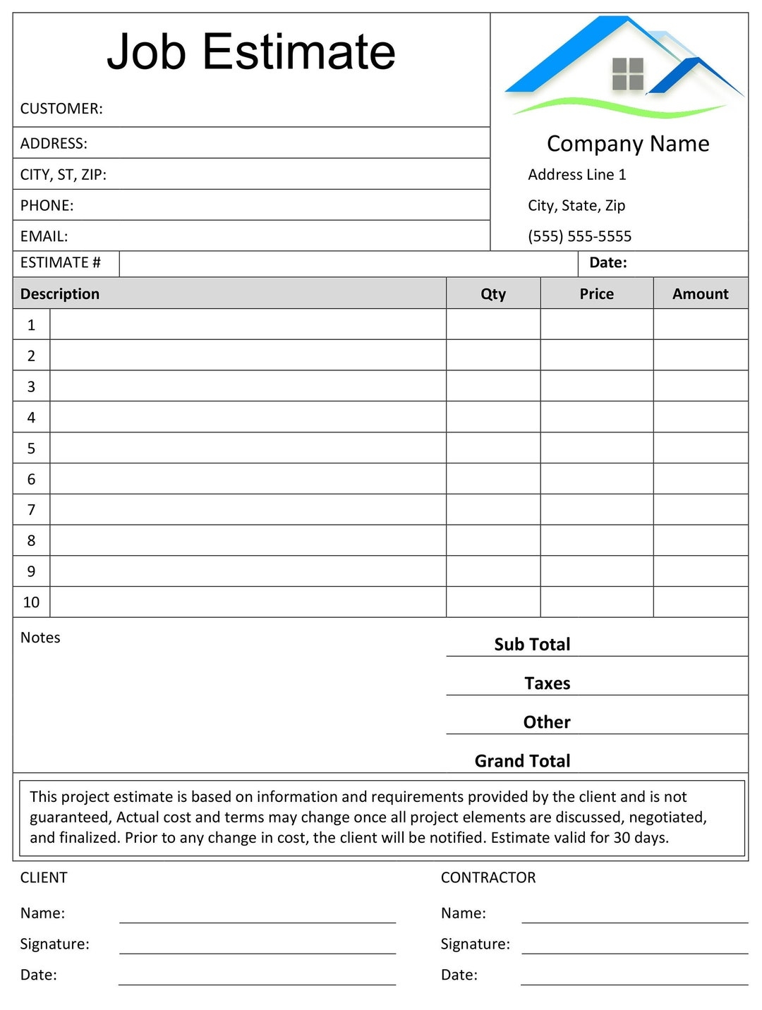 Job Estimate Template Microsoft Word Editable Doc Google Doc Printable Construction Bid Form Etsy UK