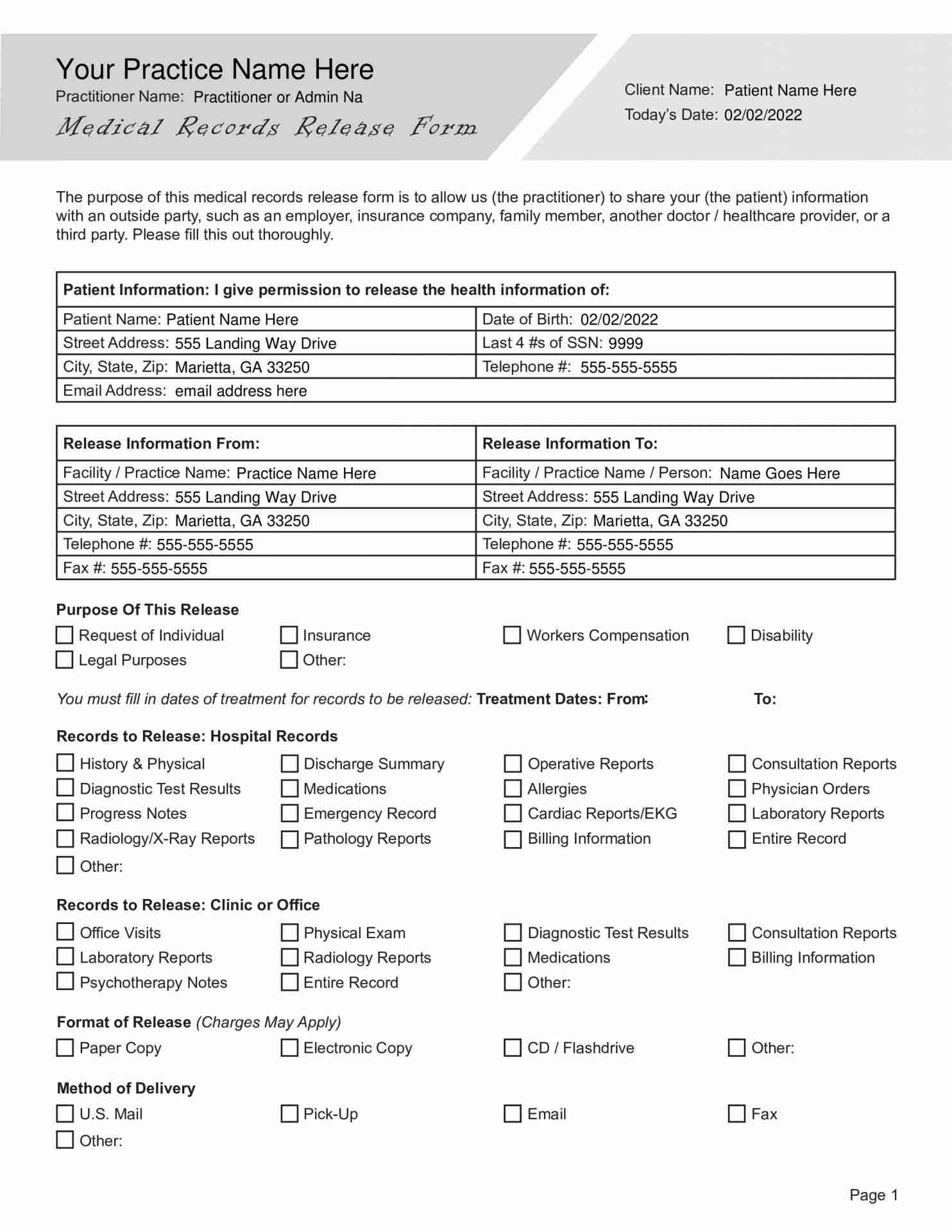 Free Printable Medical Records Release Form Free Printable Medical Records Release Form