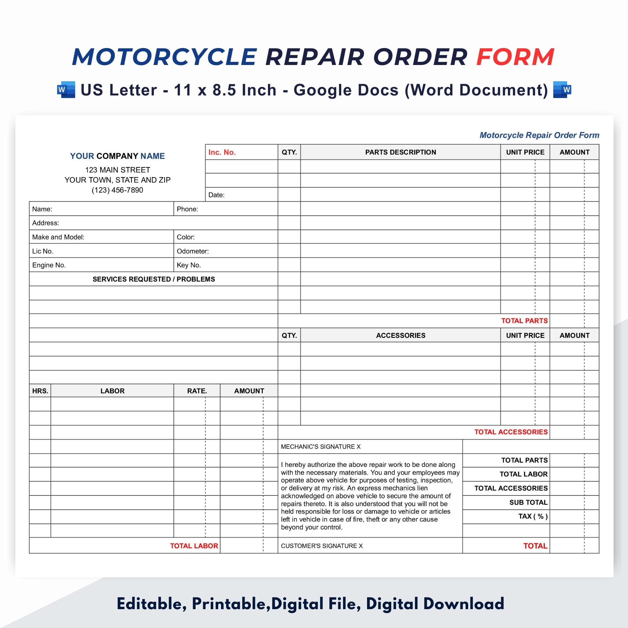 Printable 5 Day Repair Order Forms Printable 5 Day Repair Order Forms