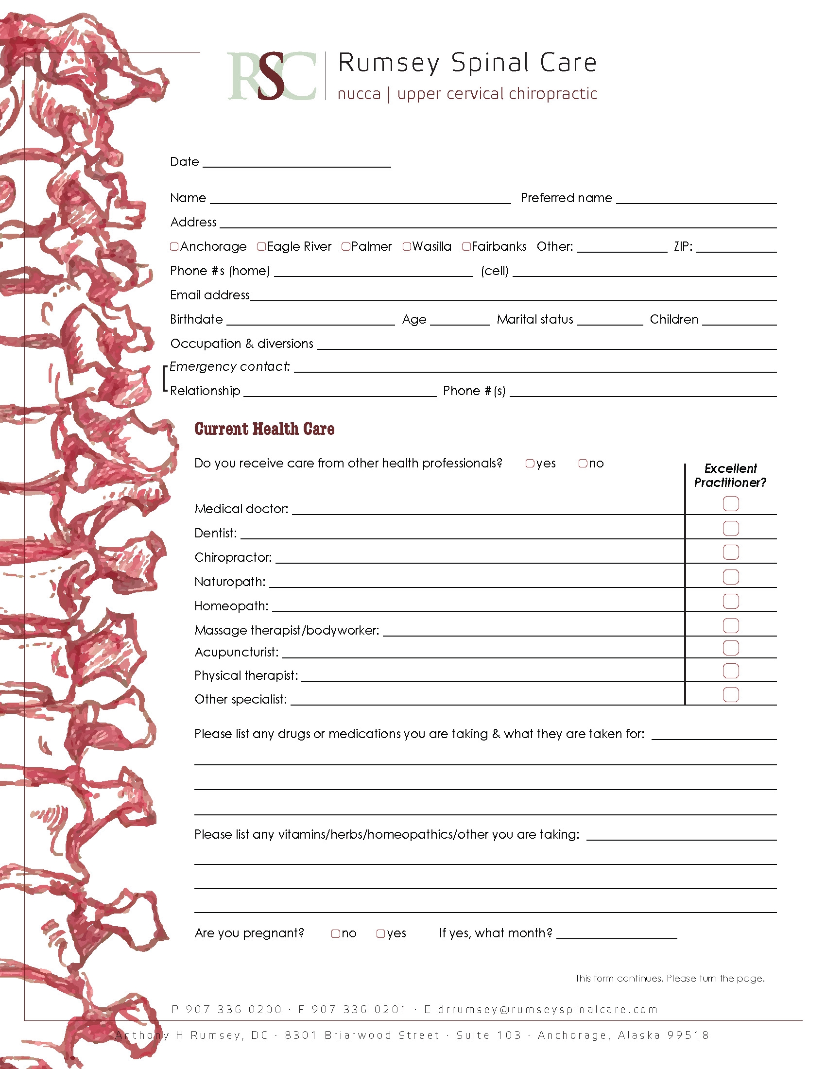 New chiropractic patient intake form Rumsey Spinal Care