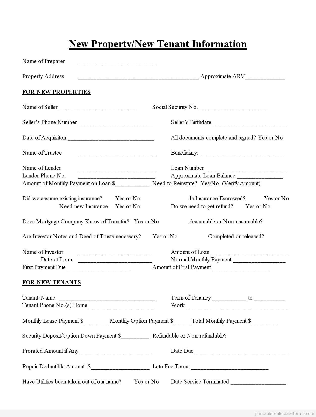 New Tenant Information Form Sheet PRINTABLE SAMPLE 