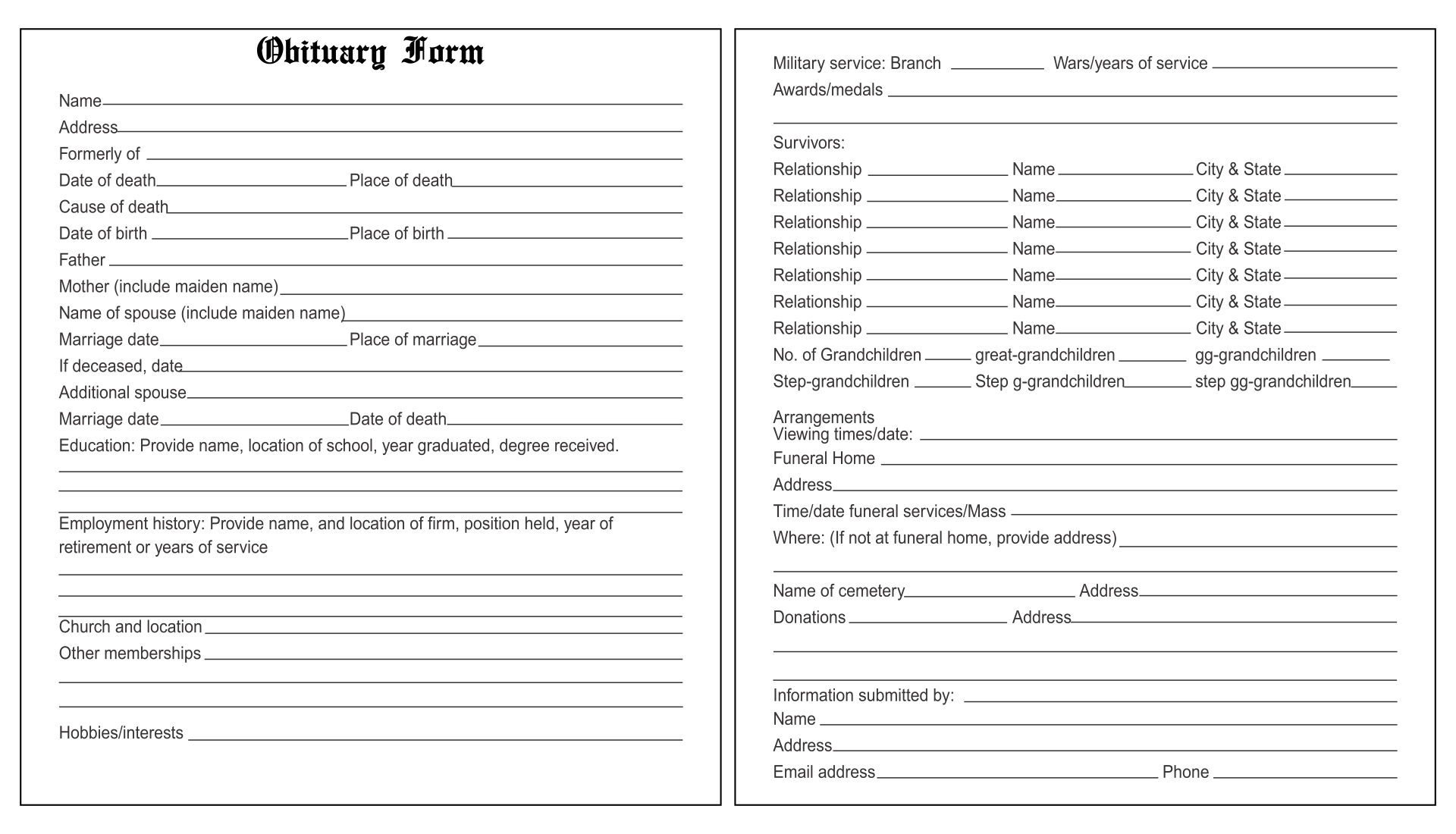 Printable Obituary Forms