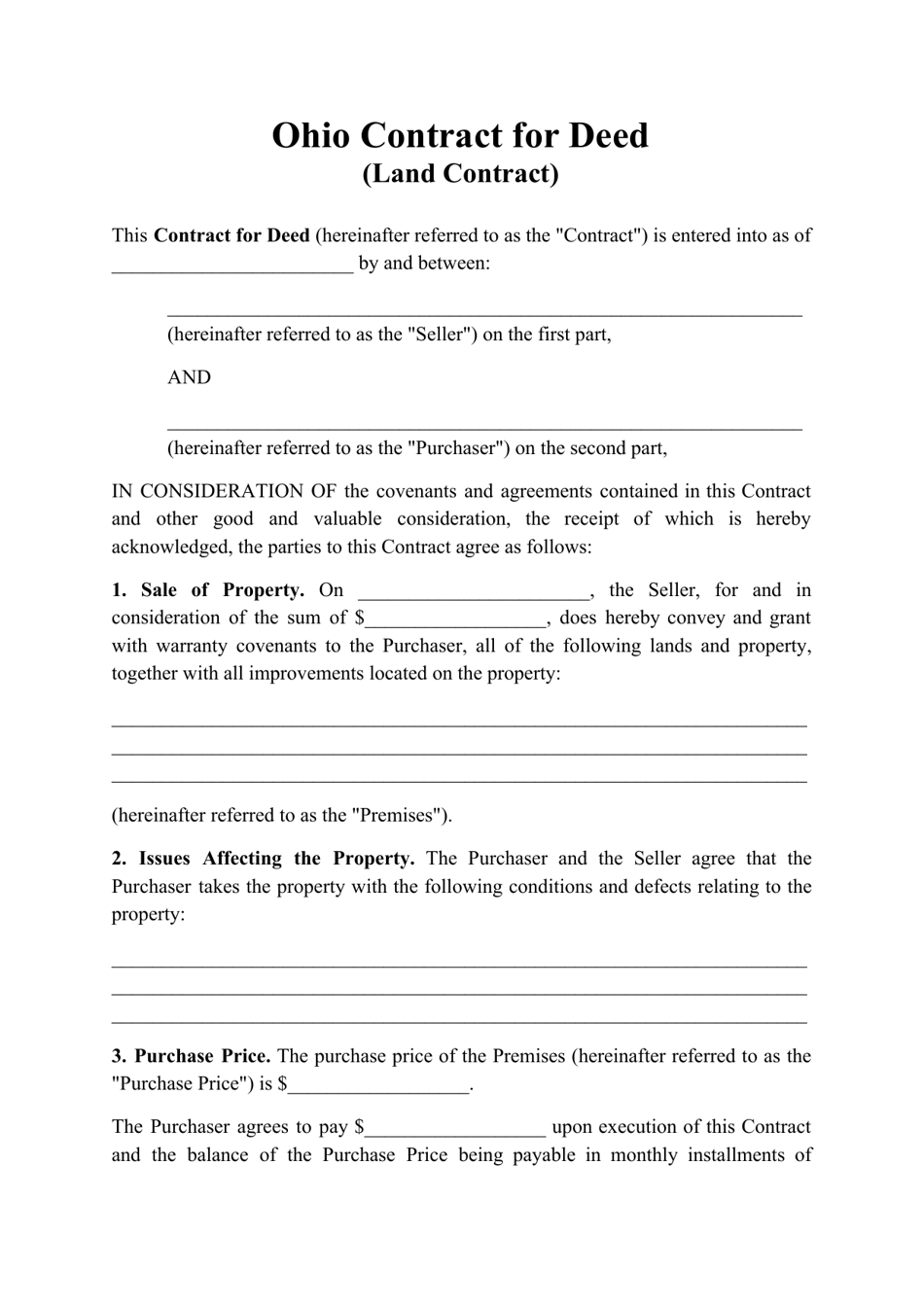 Ohio Contract For Deed Land Contract Fill Out Sign Online And Download PDF Templateroller