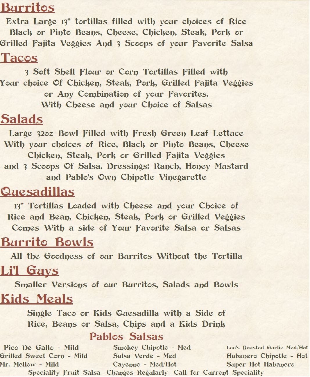 Chipotle Menu Printable Order Form