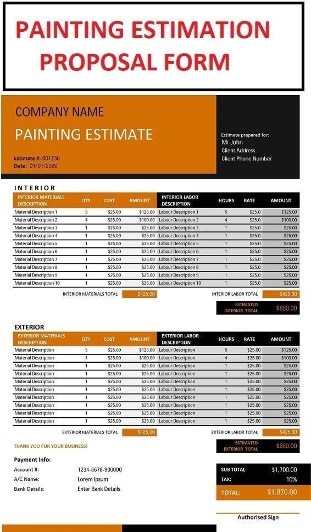 Painting Estimation Template Interior Painting Job Proposal Fillable PDF File Instant Download Customizable PDF Format Etsy
