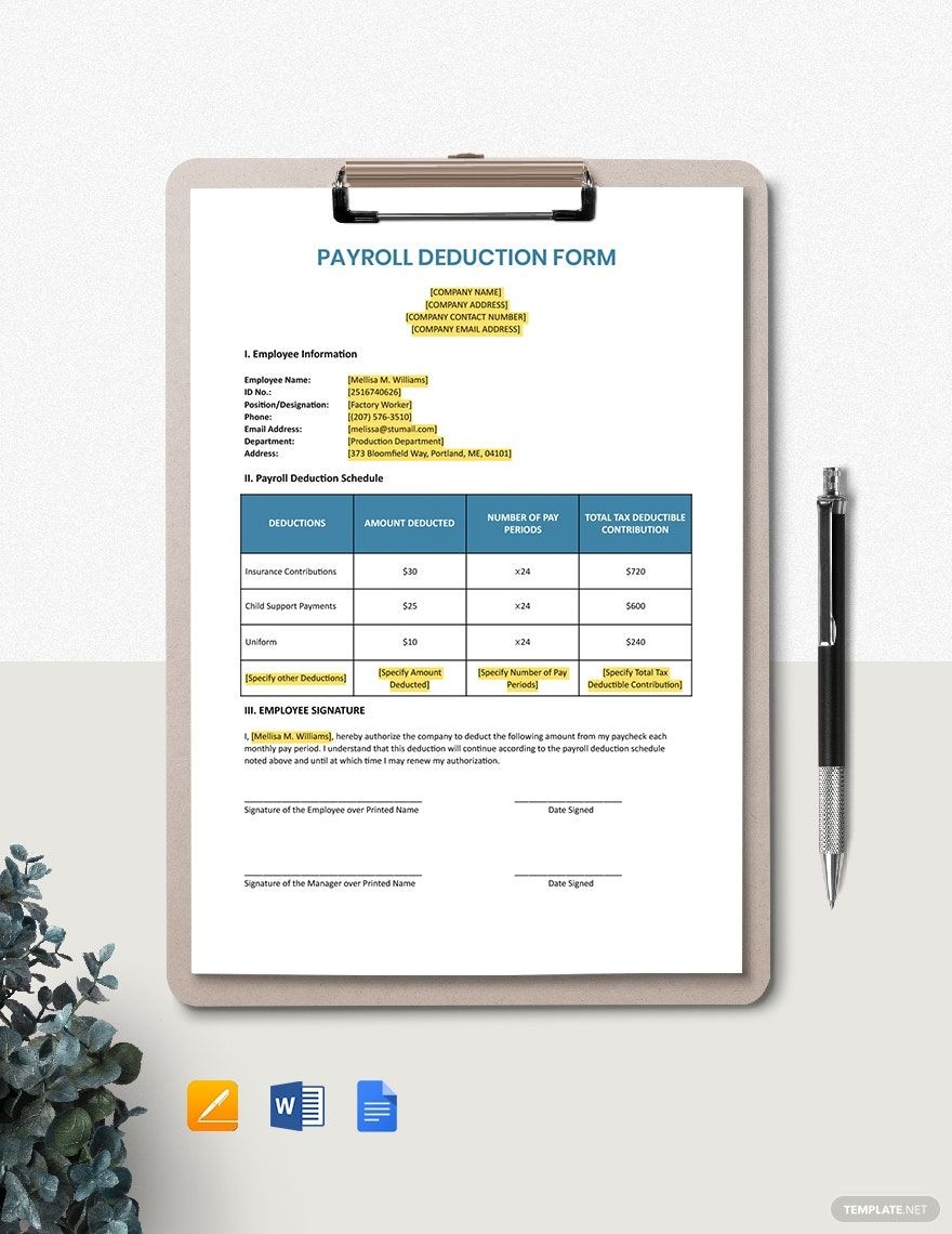 Payroll Deduction Form Template In Pages Word Google Docs Download Template Payroll Deduction Form Template In Pages Word Google Docs Download Template