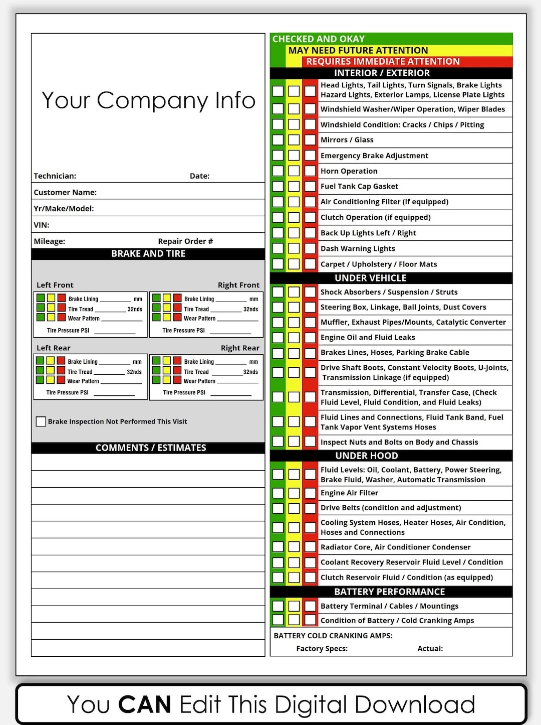 PDF Printable Vehicle Inspection Report CANVA Template Editable Car Or Equipment Rental Inspection Checklist Used Vehicle Inspection Sheet Etsy