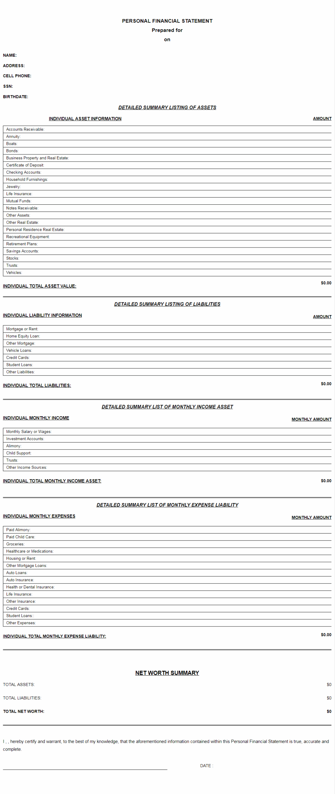 Personal Financial Statement Templates Free Printable Budget PDF Personal Financial Statement Templates Free Printable Budget PDF