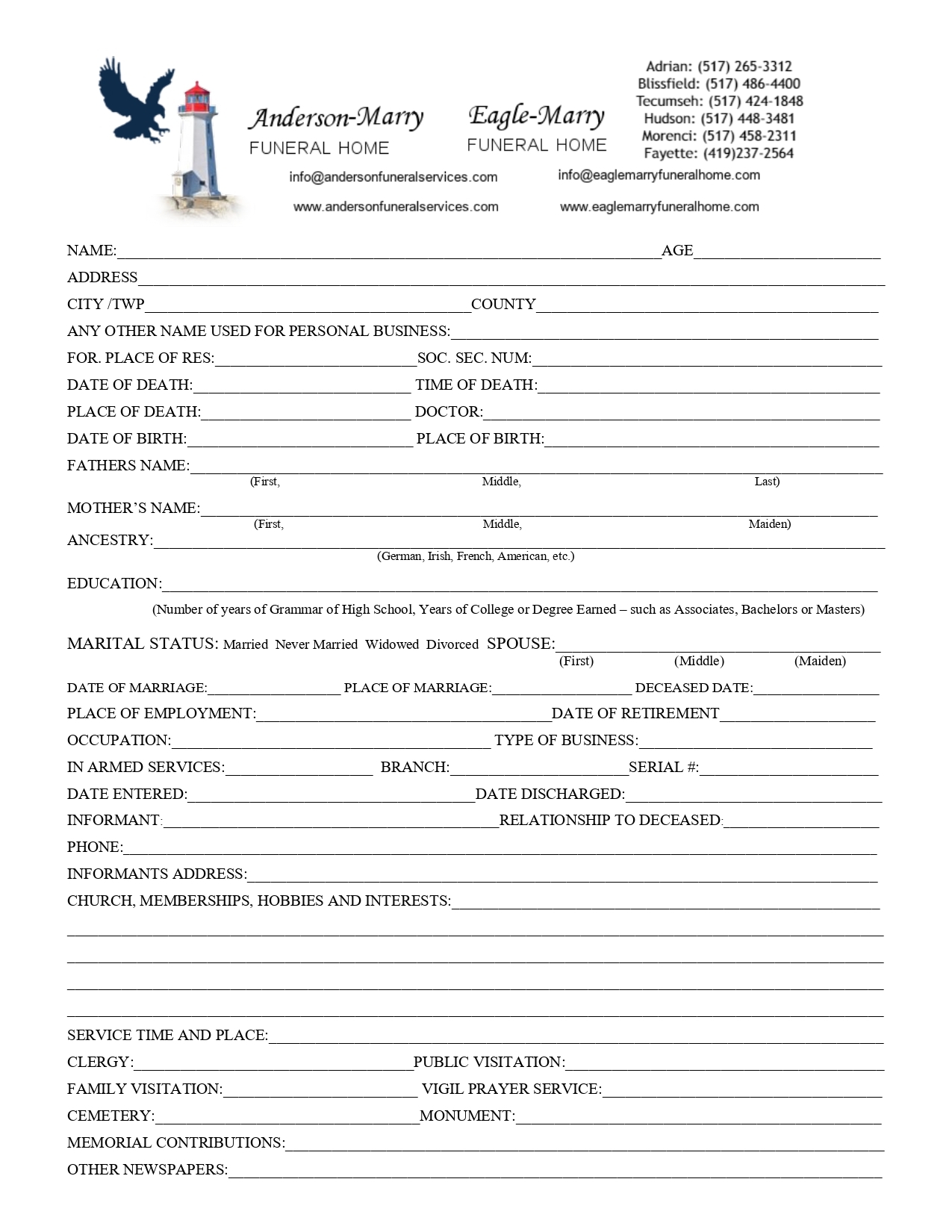 Personal Information Sheet Anderson Marry Funeral Home