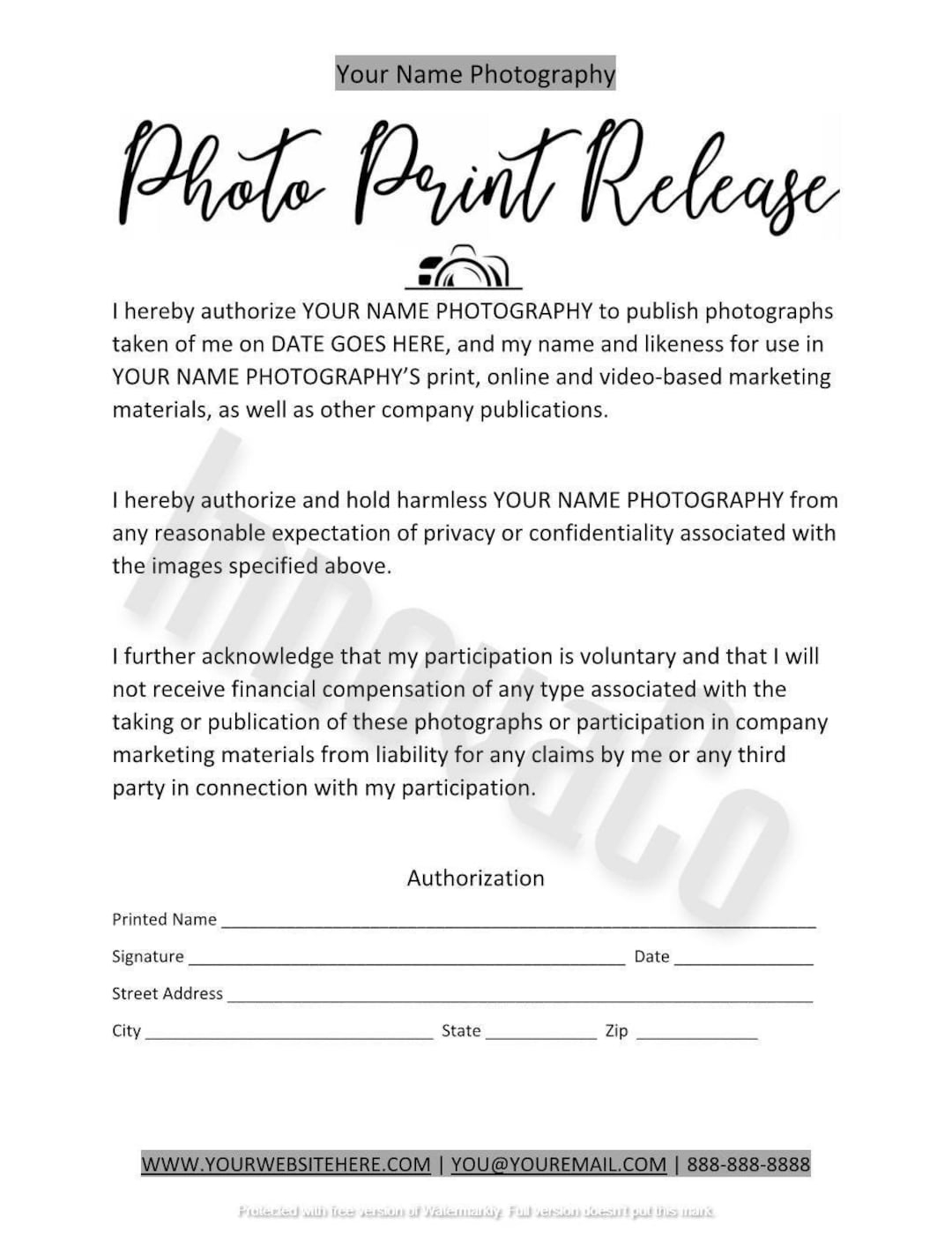 Photo Print Release Template Photo Print Release Form Photography Templates Photo Rights Print Release Photography Business Forms Etsy