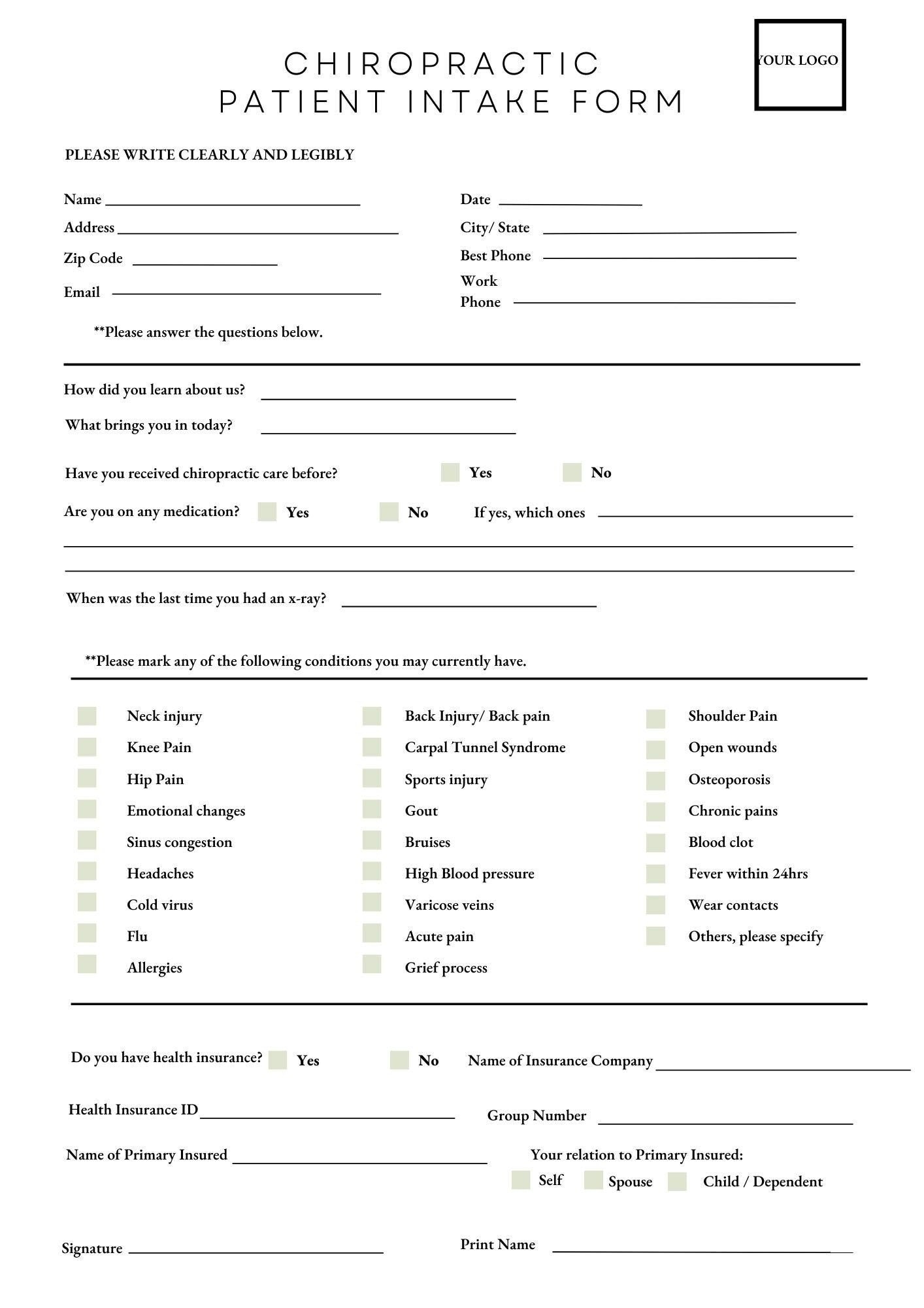Printable Medical Intake New Patient Form Chiropractic Editable Etsy