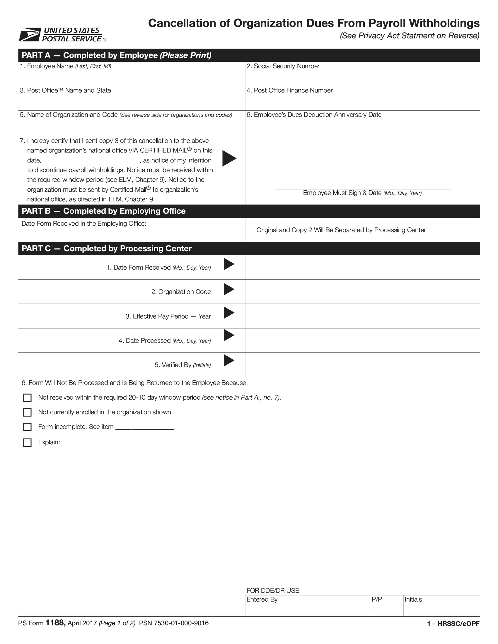 PS Form 1188 Cancellation Of Organization Dues From Payroll Withholdings Forms Docs 2023