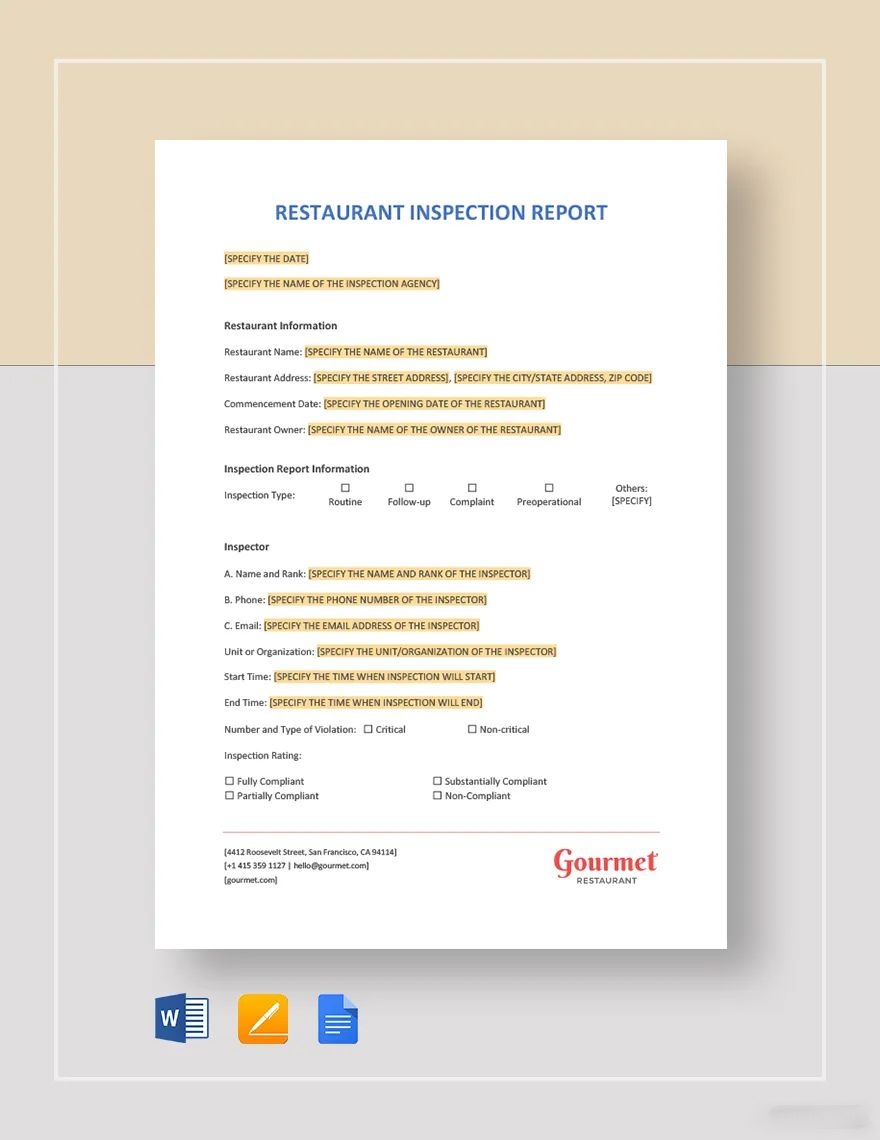 Restaurant Inspection Report Template In Word Pages Google Docs Download Template Restaurant Inspection Report Template In Word Pages Google Docs Download Template