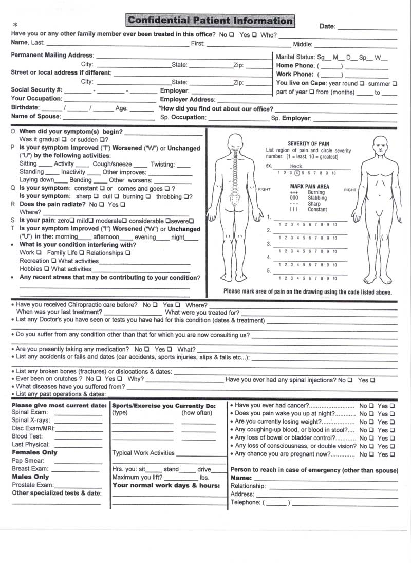 Printable Patient Intake Forms Chiropractic