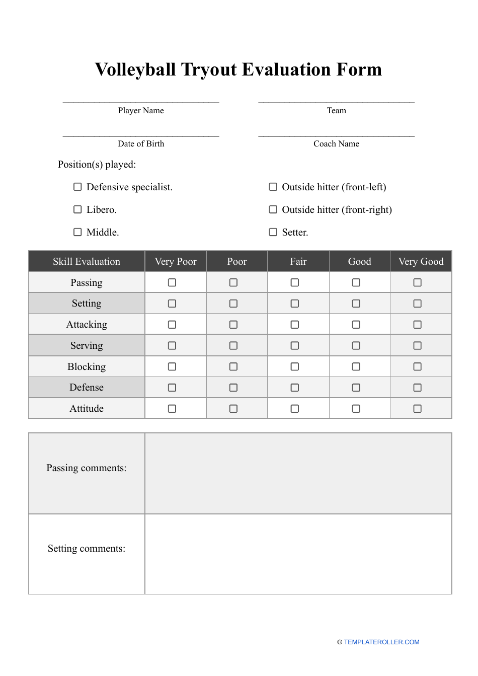 Free Printable Softball Tryout Evaluation Form