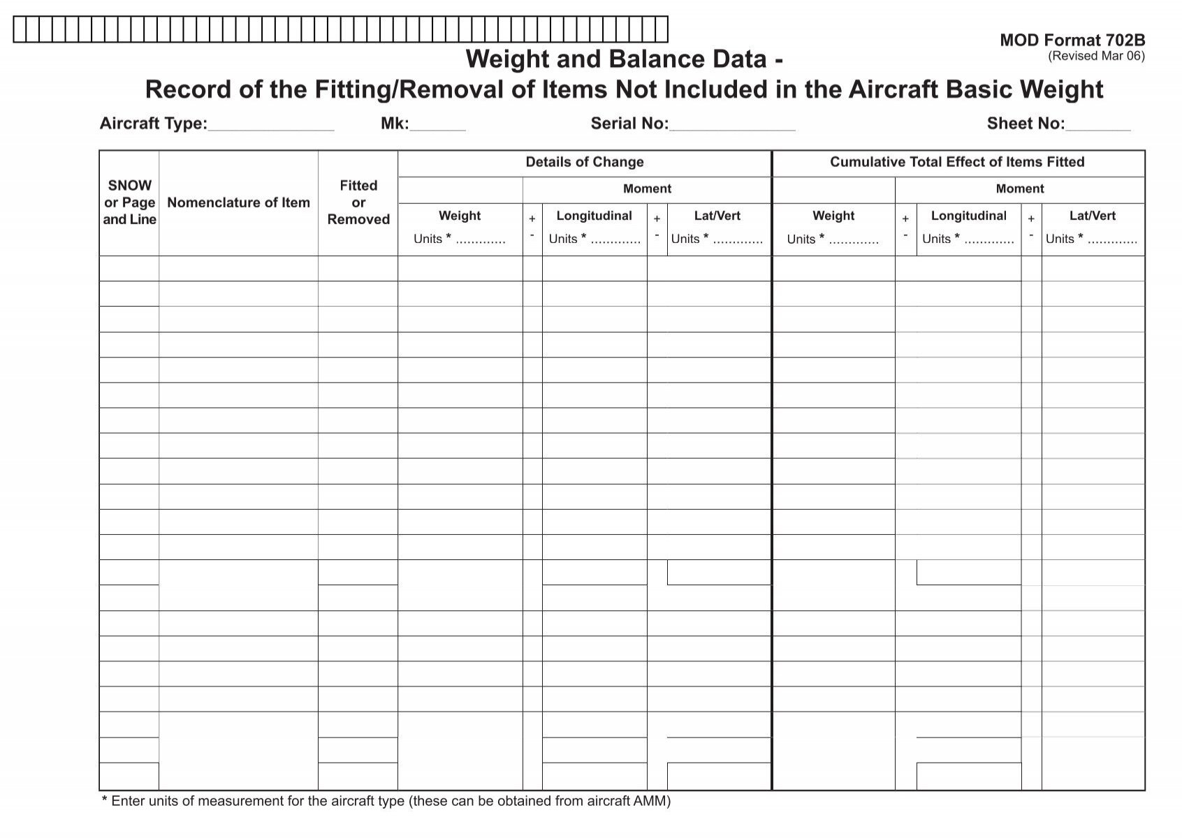 Weight And Balance Data Record Of The Fitting Removal Of Items Weight And Balance Data Record Of The Fitting Removal Of Items