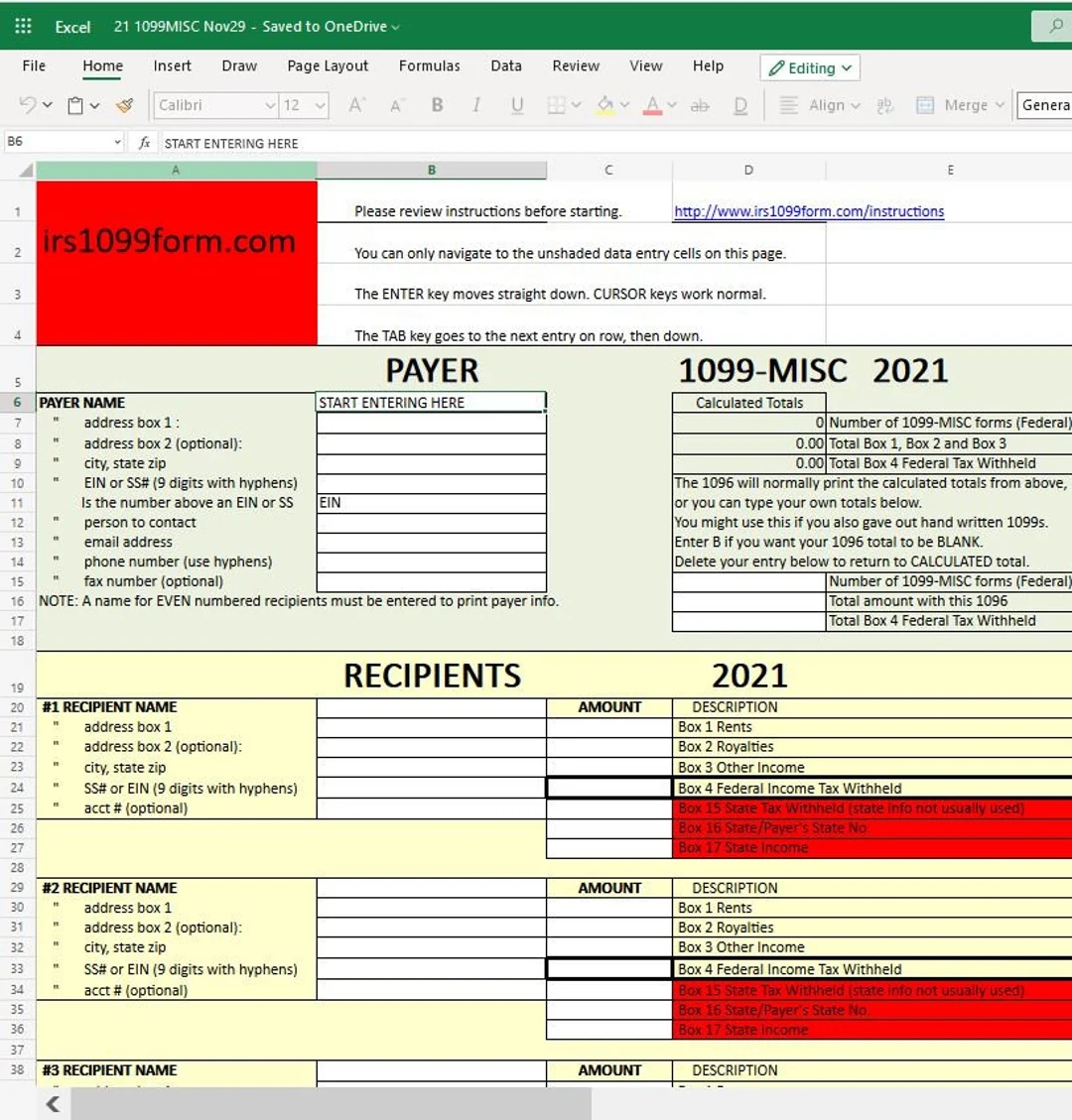 1099 MISC Excel Template For Printing Onto IRS Form updated For 2023 Taxes Etsy