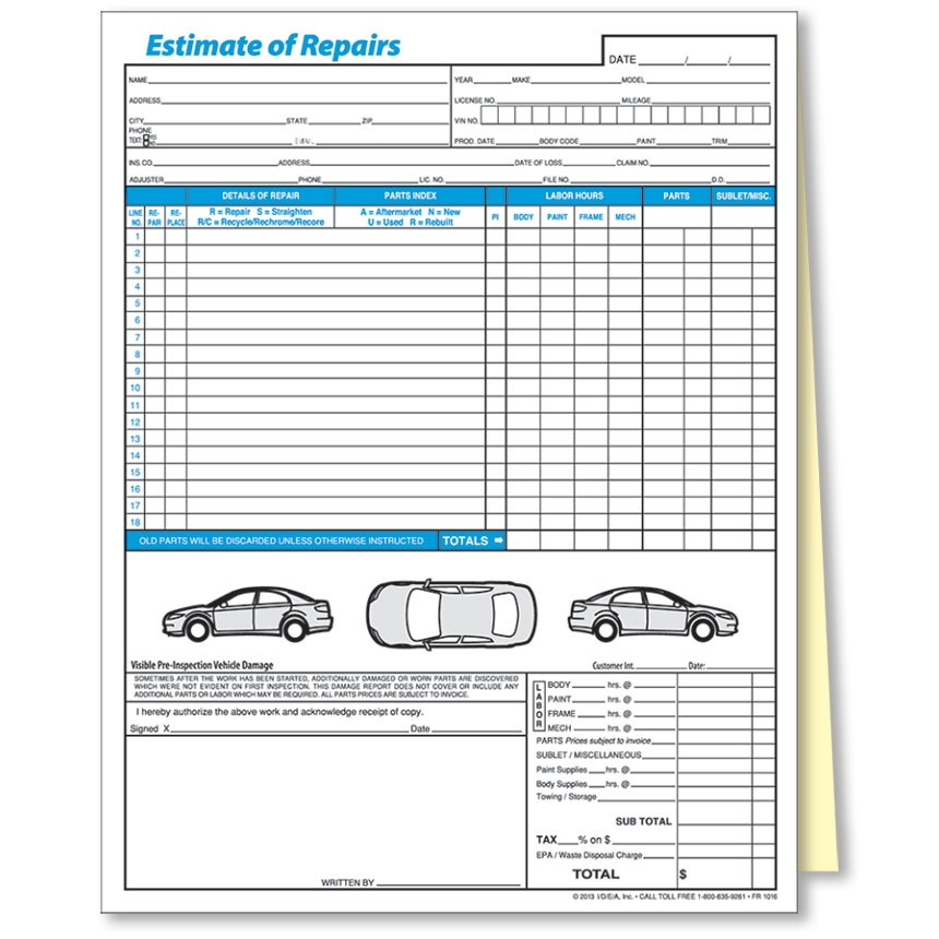 2 Part Auto Body Repair Estimate Forms Automotive Forms 2 Part Auto Body Repair Estimate Forms Automotive Forms