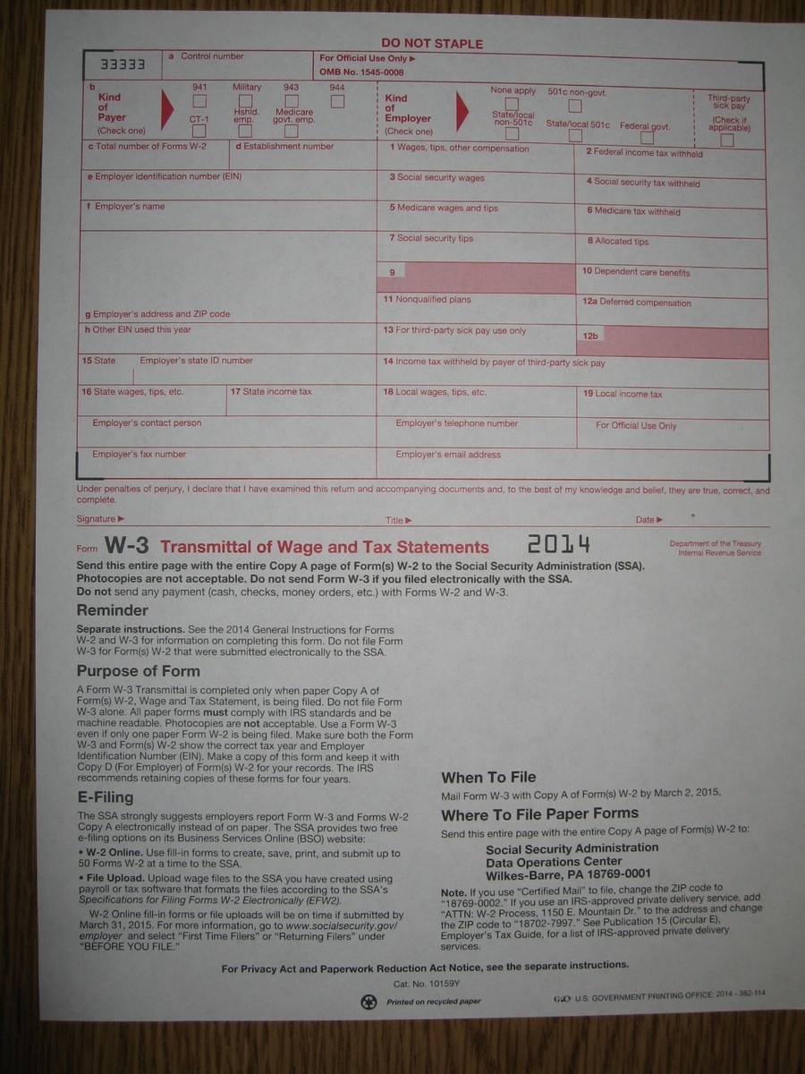 2014 IRS Tax Form W 3 Transmittal Of Wage Tax Statements for W2s To SSA EBay