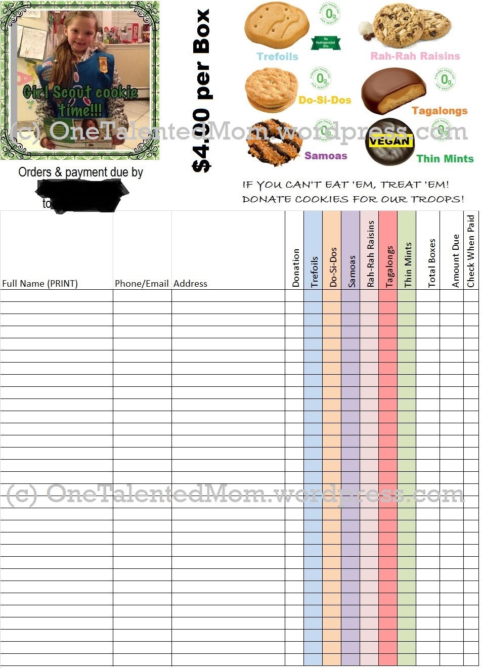 Printable Cookie Order Form
